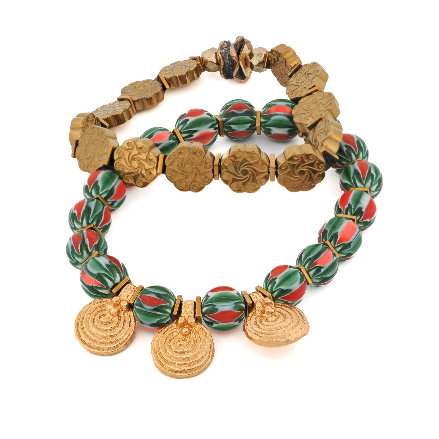 Mystic Motion gold and hematite boho bracelet set with spiral charms on white background