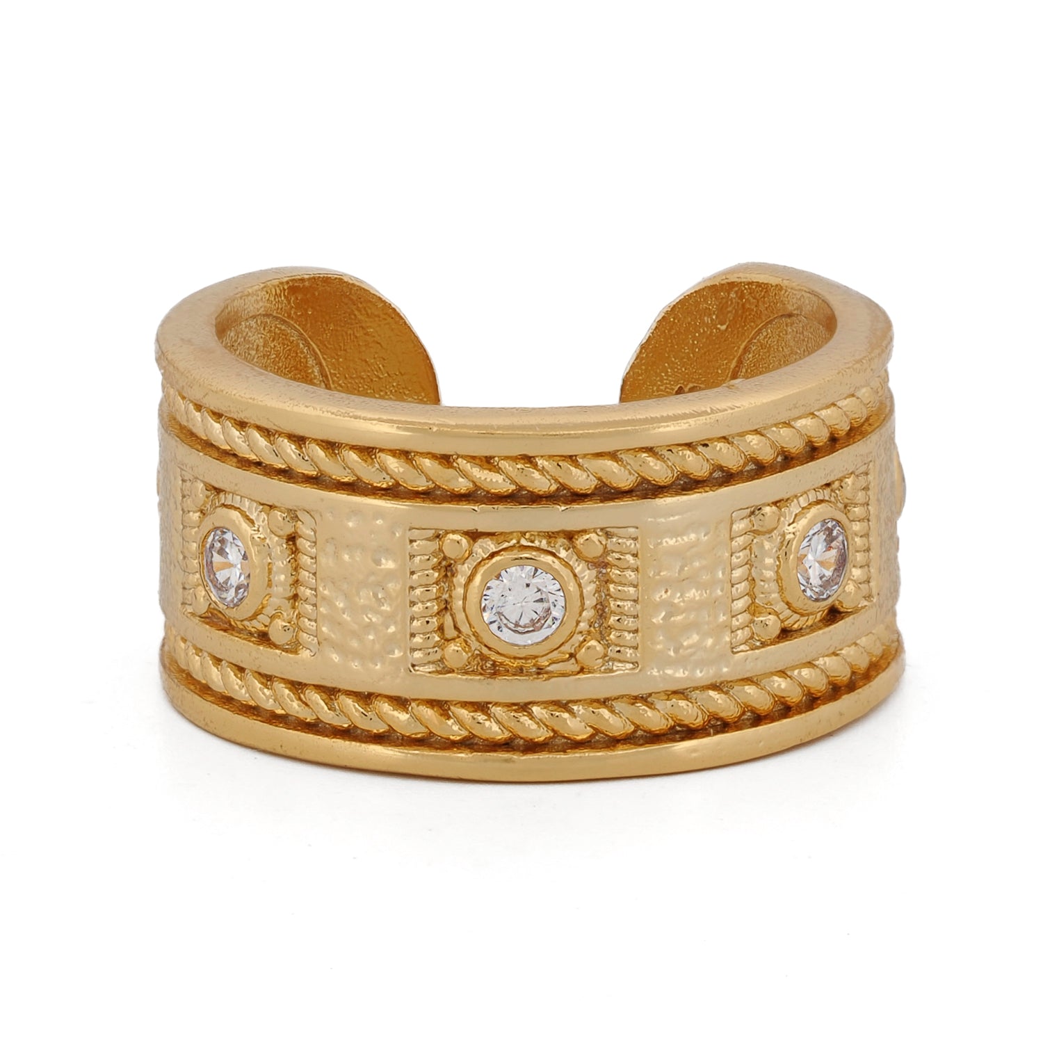 Mystic Queen gold cuff ring with 24K gold plating, mystical engravings, and Cz diamonds.