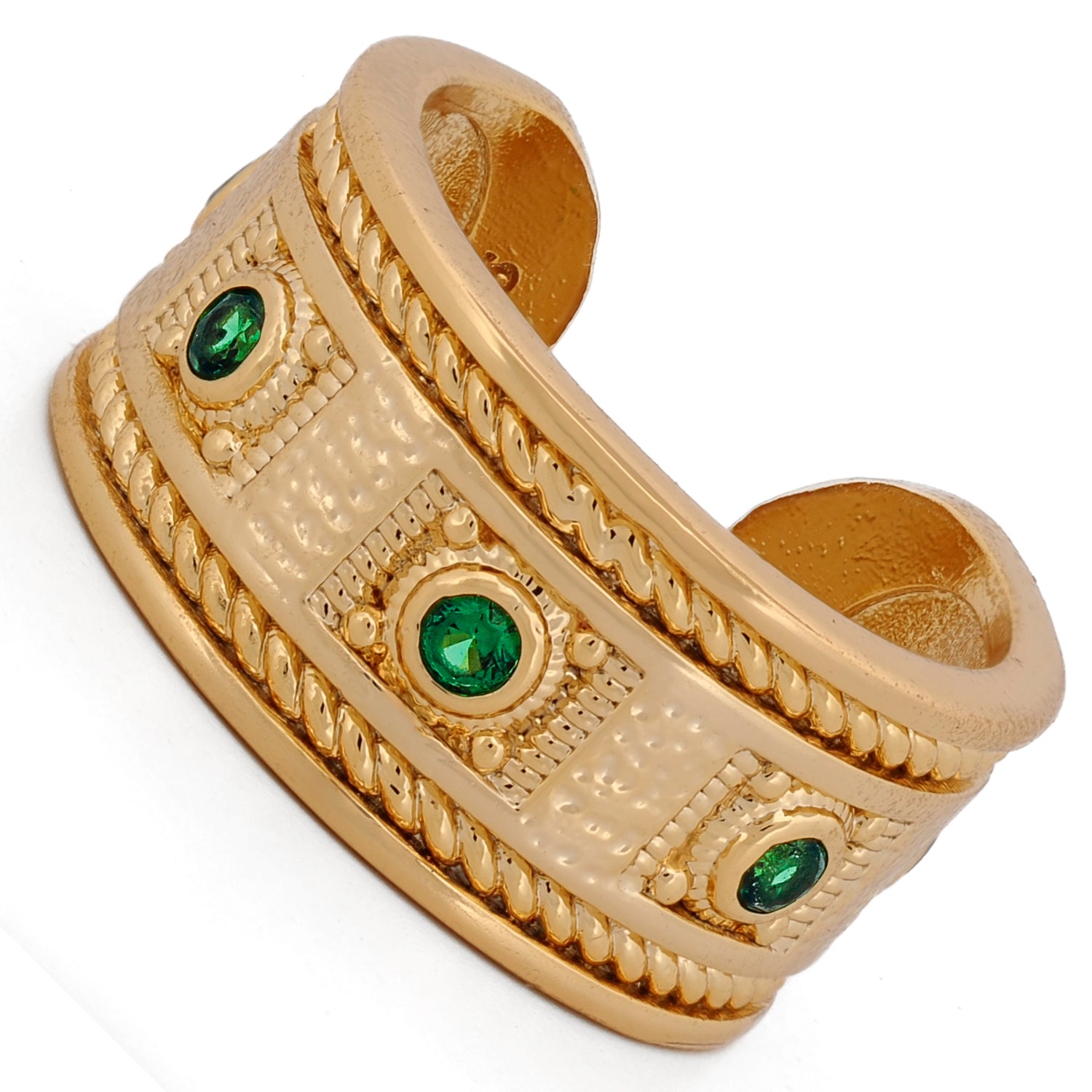 Statement ring with rich 24K gold plating, green emerald stones, and sacred center engravings.