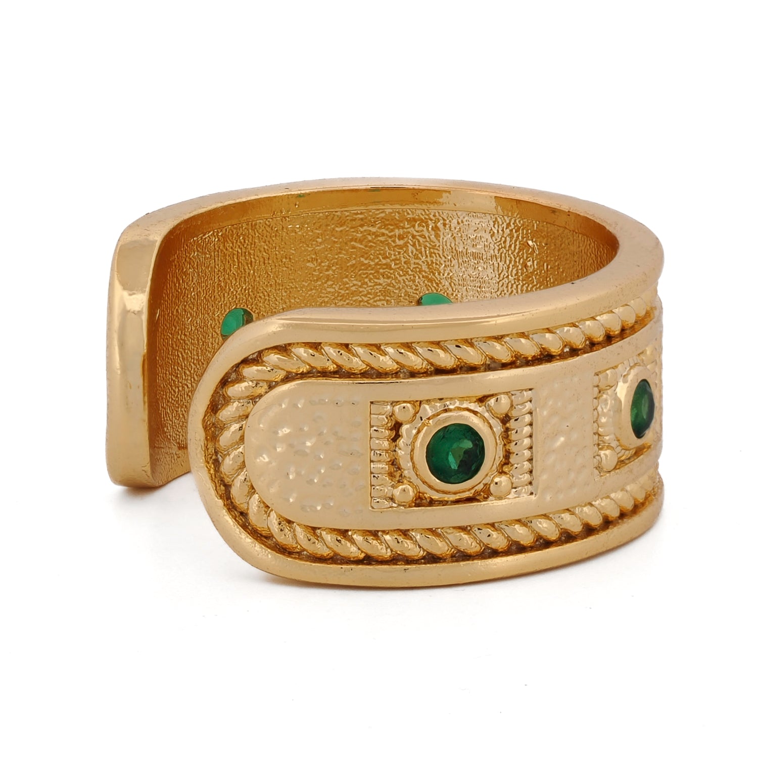 Elegant gold ring adorned with five emerald stones and regal queen-inspired etchings.