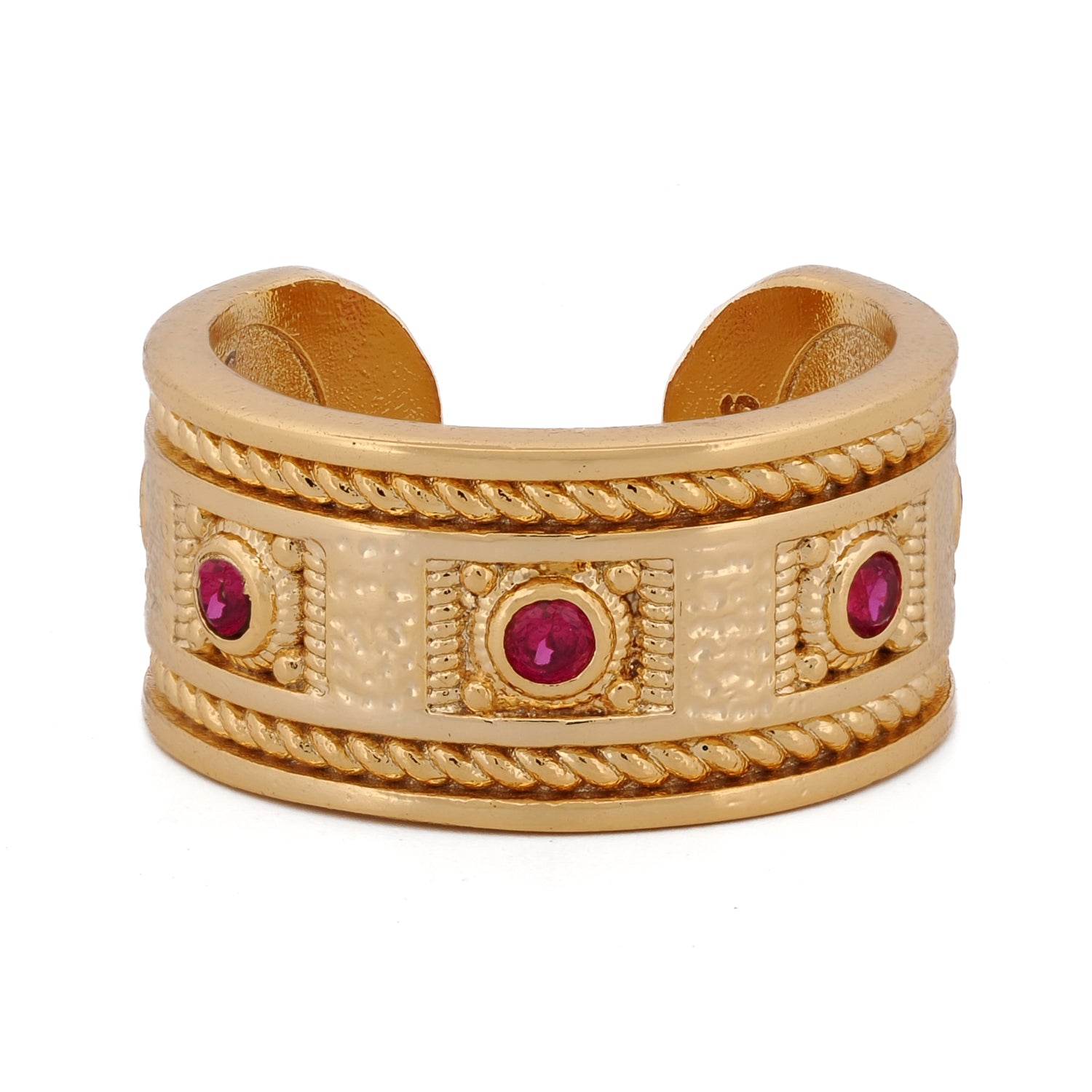 Mystic Queen gold cuff ring with vivid ruby stones and mystical center engravings.
