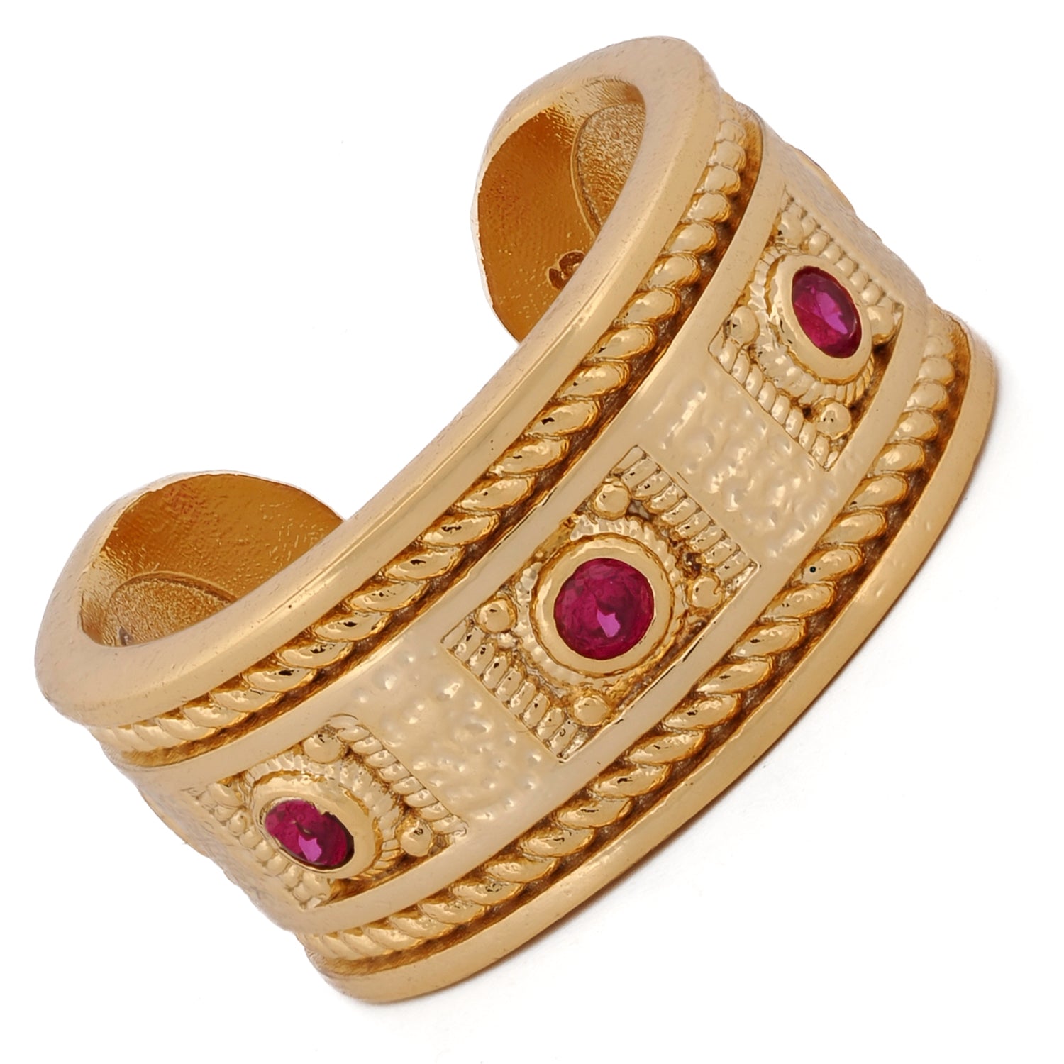 Bold statement ring with 24K gold finish, ruby stones, and Cleopatra-inspired engravings.