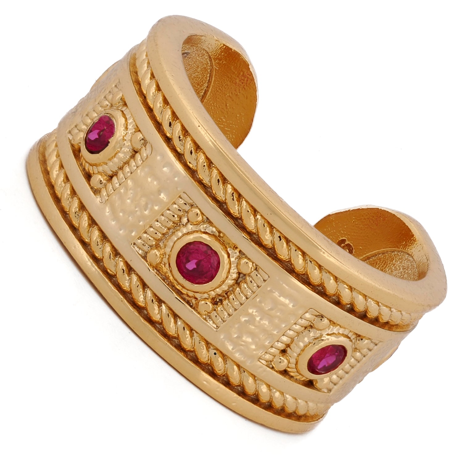 Spiritual luxury ring crafted from bronze with rich gold plating and passionate ruby accents.