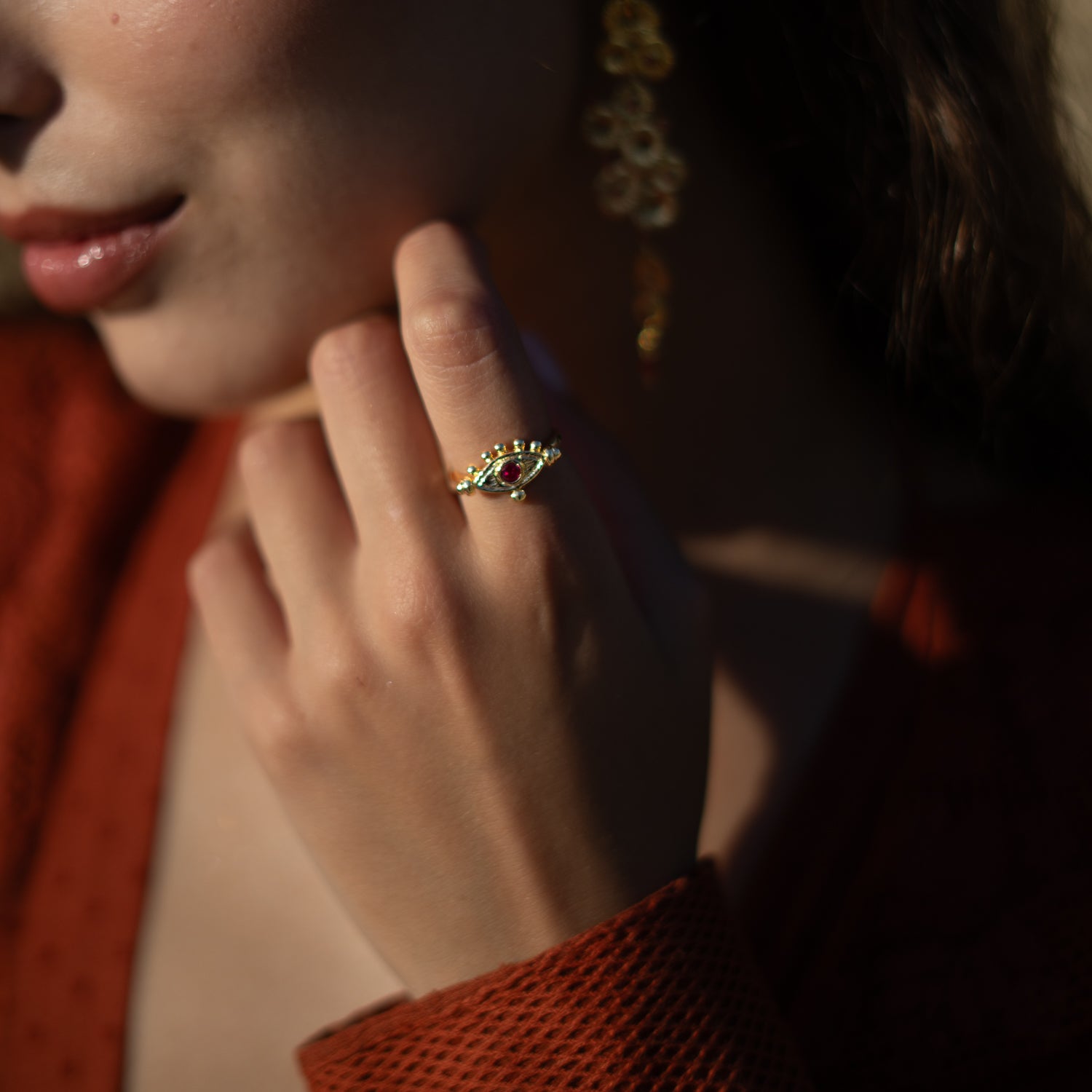 Mystic Ruby Evil Eye Gold Adjustable Band Ring
