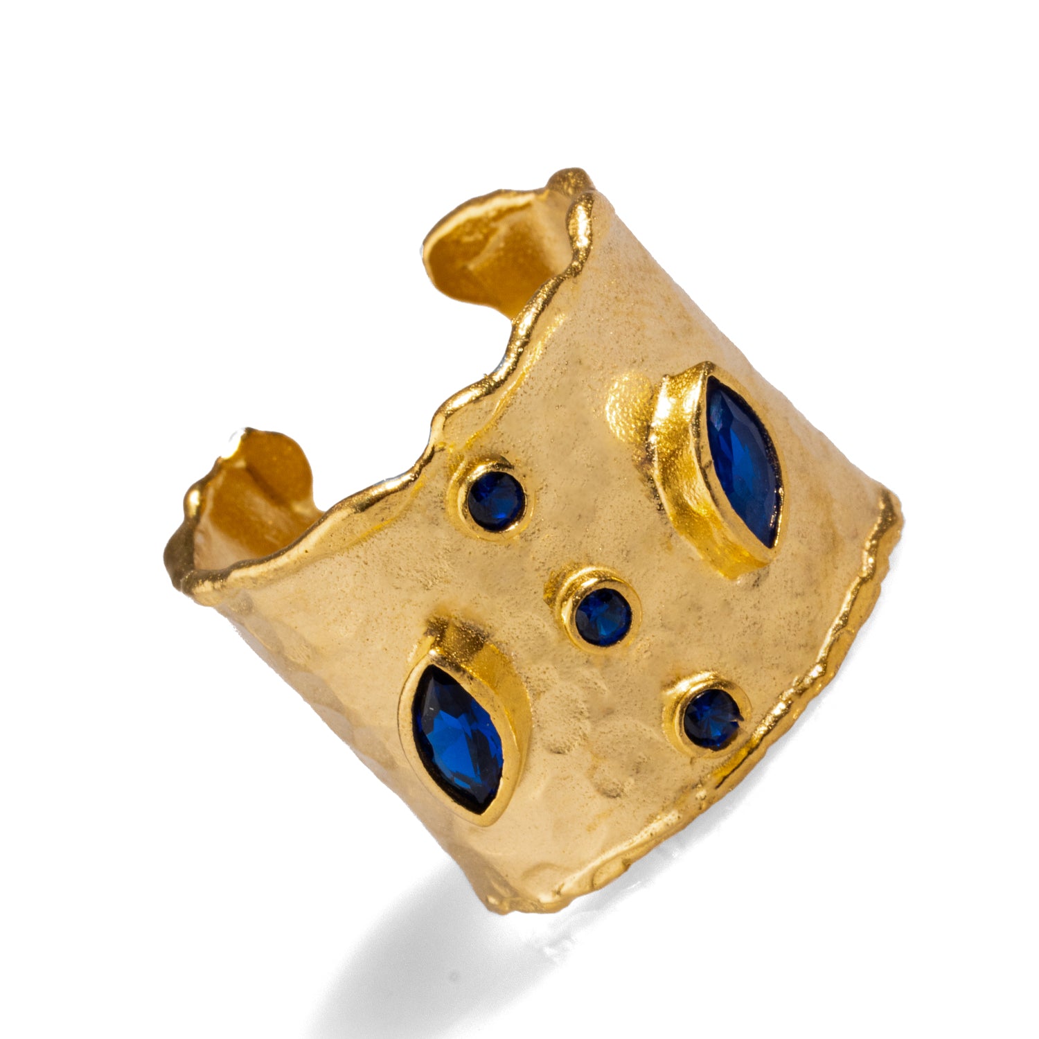 "Sapphire & Gold Chunky Cuff Ring - Mystical Elegance with Adjustable Fit"