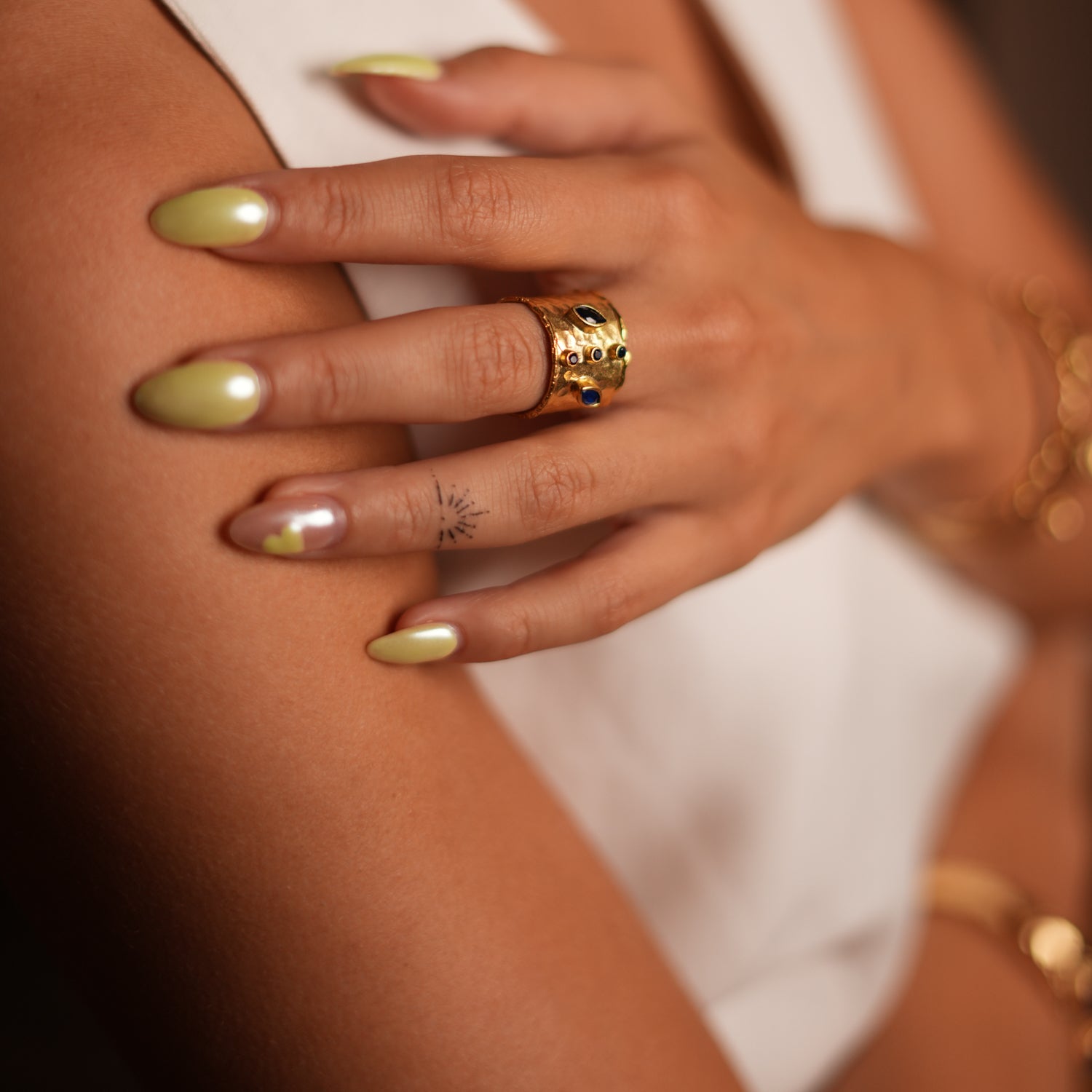 "Gold & Sapphire Chunky Ring - Handmade Adjustable Cuff with Unique Detailing"