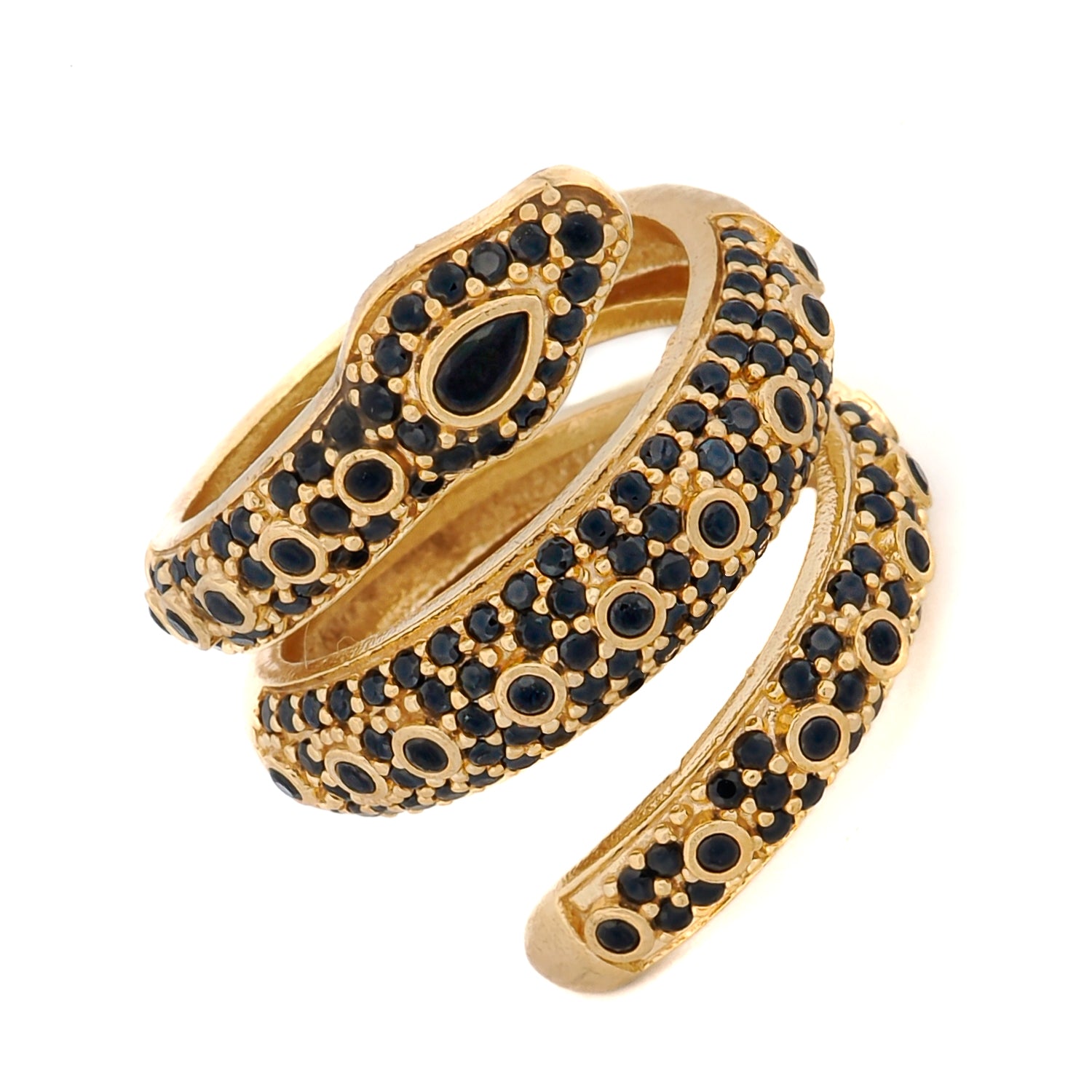 Handmade Mystic Serpent Ring featuring black onyx stones and a triple wrap snake design for spiritual strength.