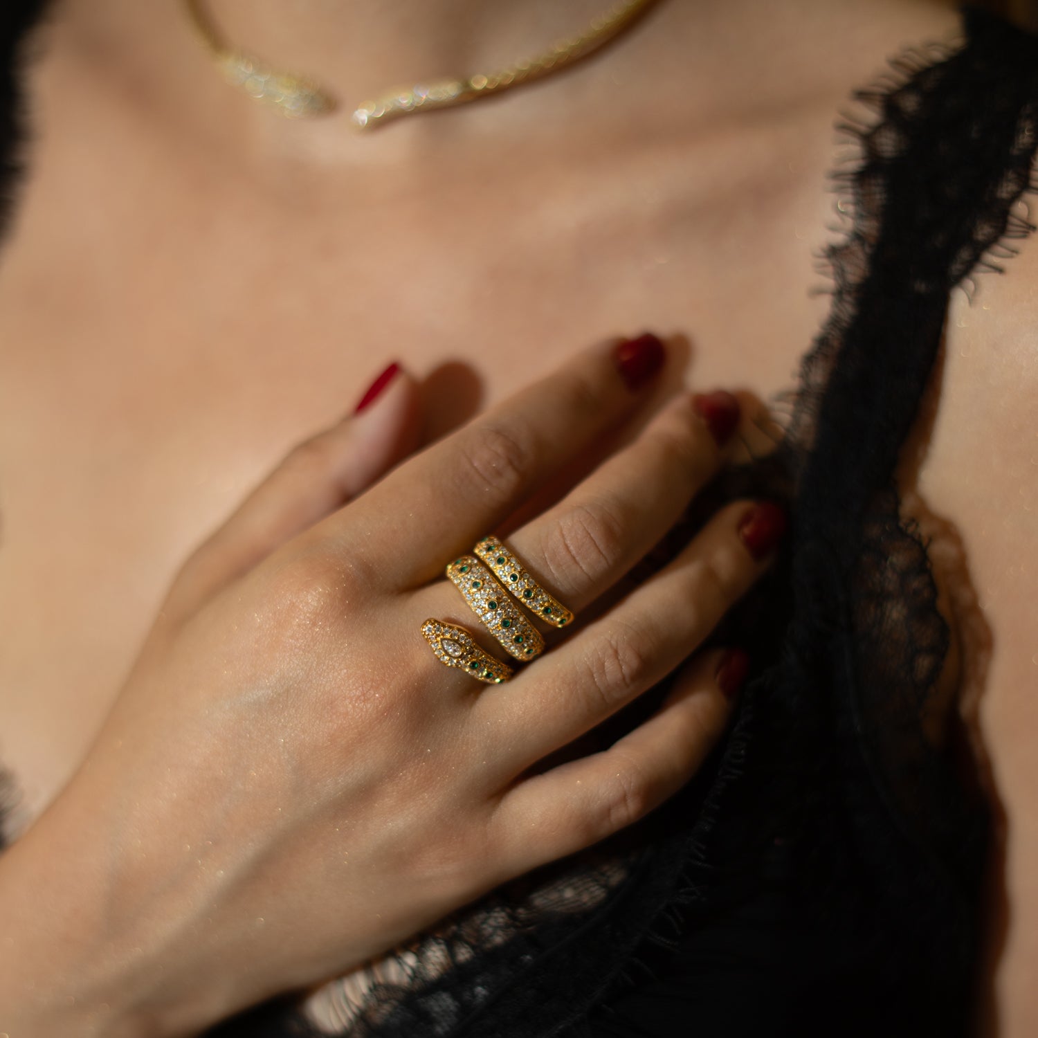 Mystic Serpent Emerald & Diamond Triple Wrap Ring