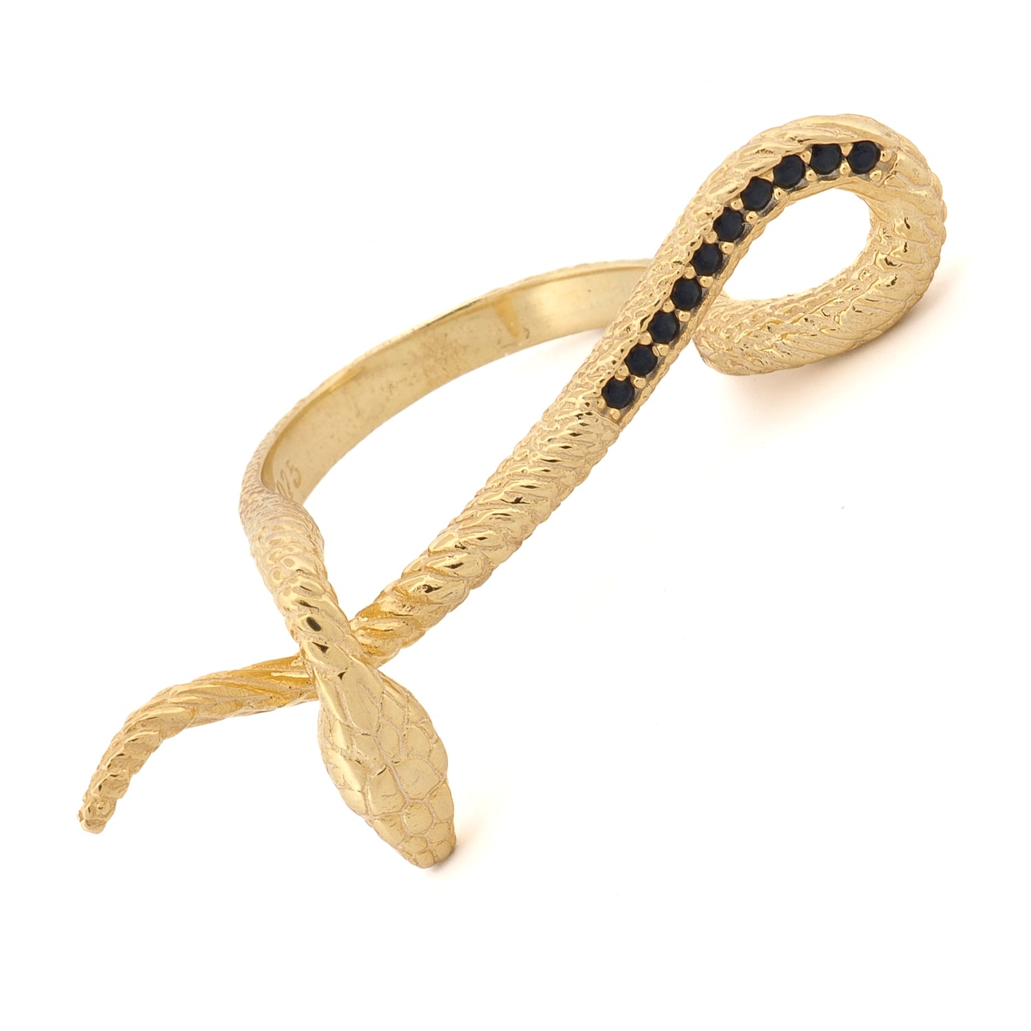 Close-up of the Mythology Snake Ring with a graceful design, black diamond accents, and adjustable fit.
