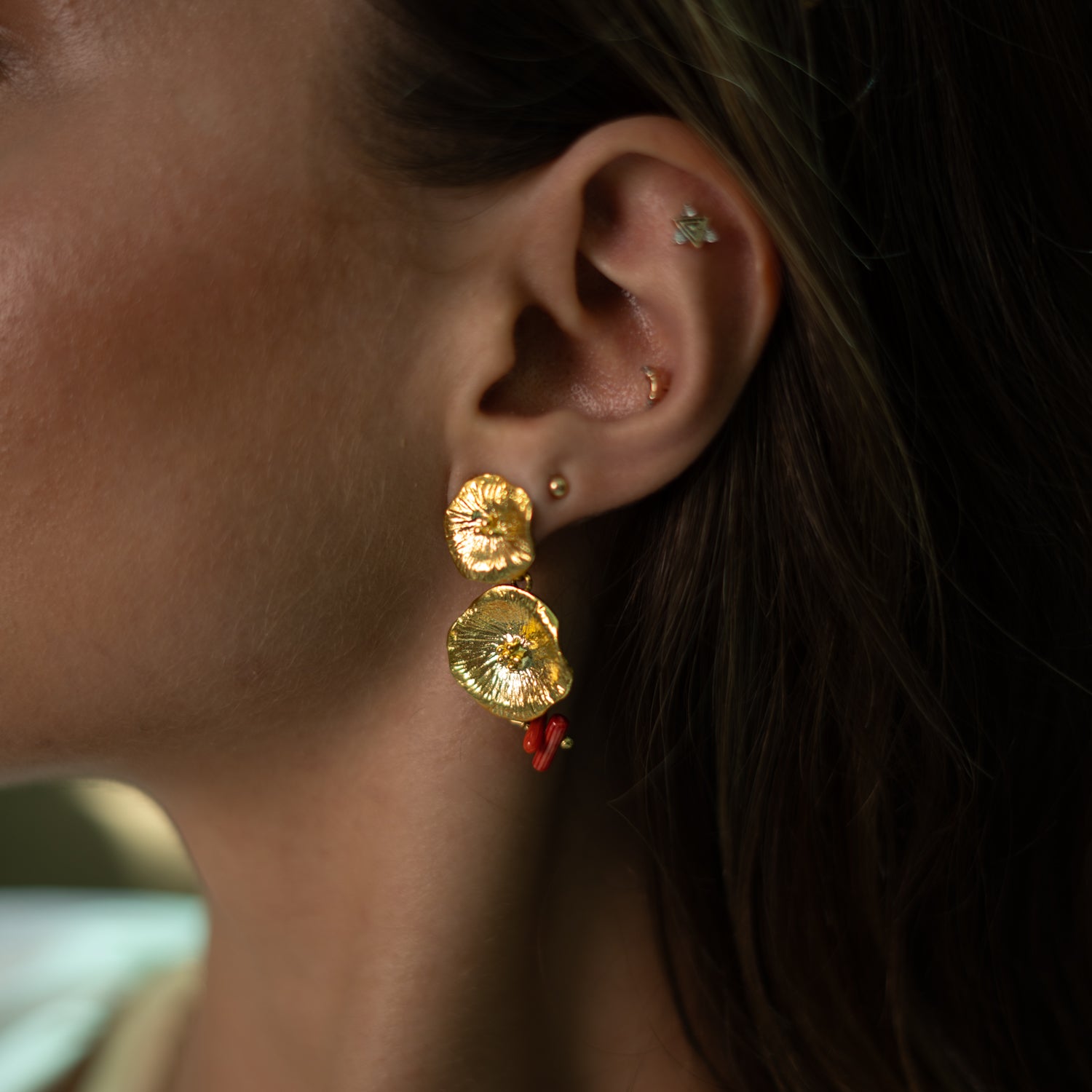 Ocean Flame Coral Gold Dangle Earrings