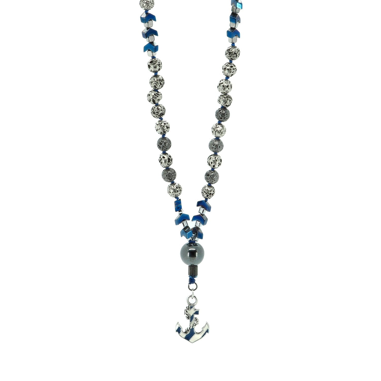 Bold anchor necklace featuring silver lava stones, blue hematite, and detailed steel pendant.