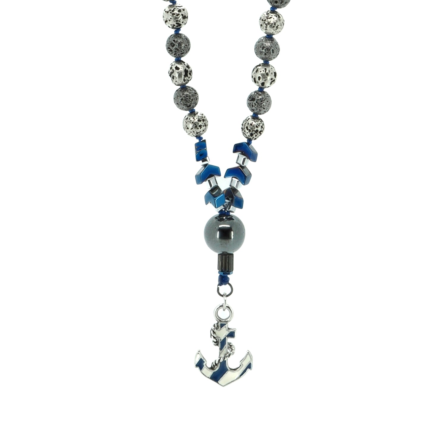Silver-coated lava bead necklace with blue and natural hematite stones, featuring enamel anchor pendant.