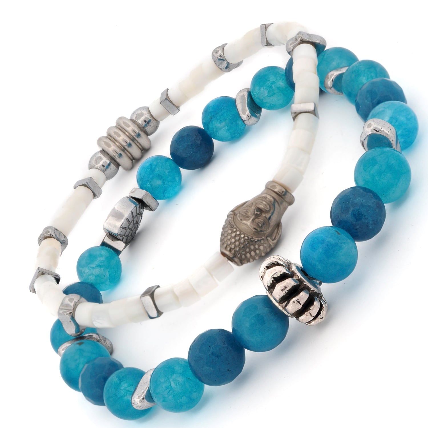 Buddha bead bracelet with white pearls and silver hematite spacers for spiritual calm.