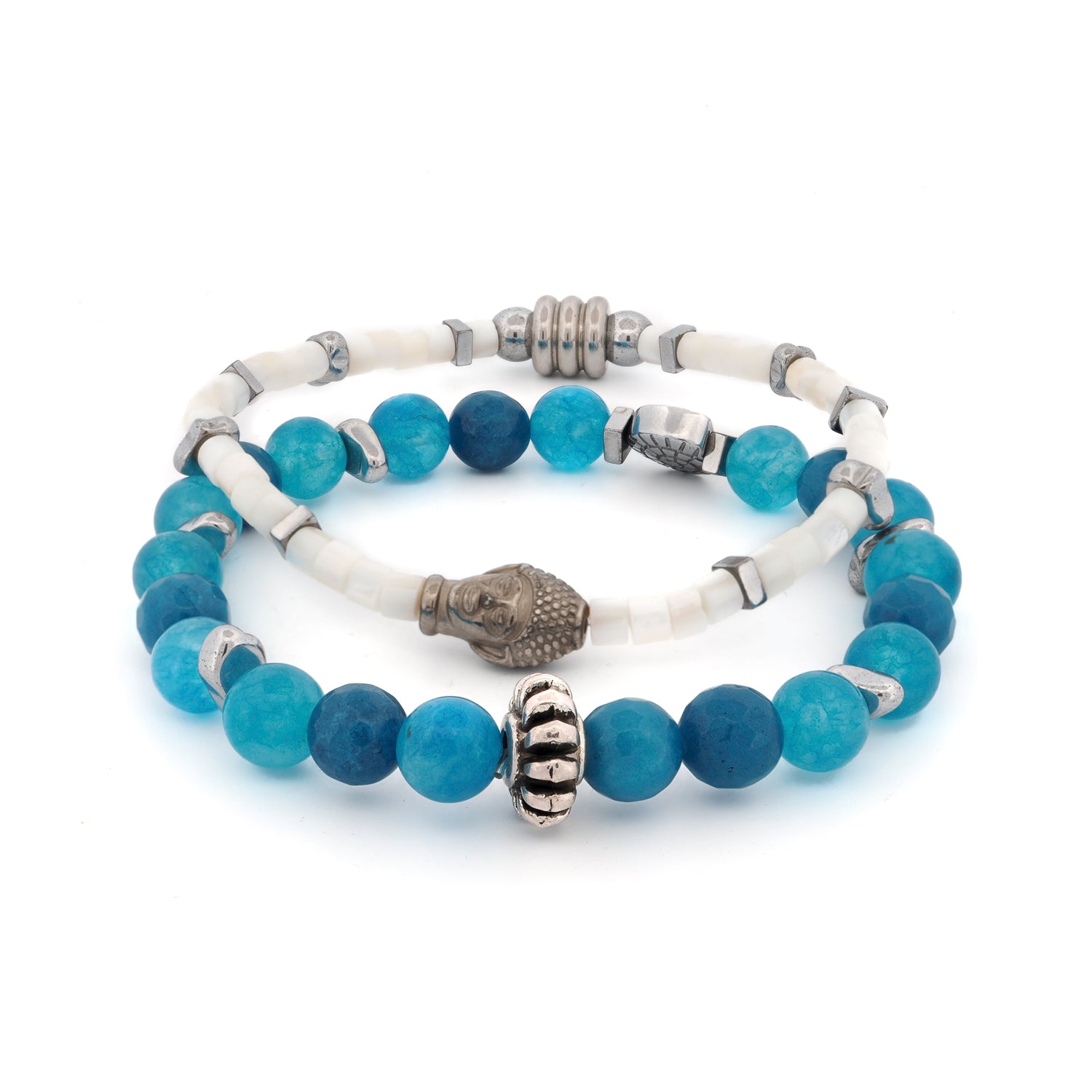 Blue jade and white pearl bracelet set with silver Buddha and seashell charms, symbolizing peace and renewal.