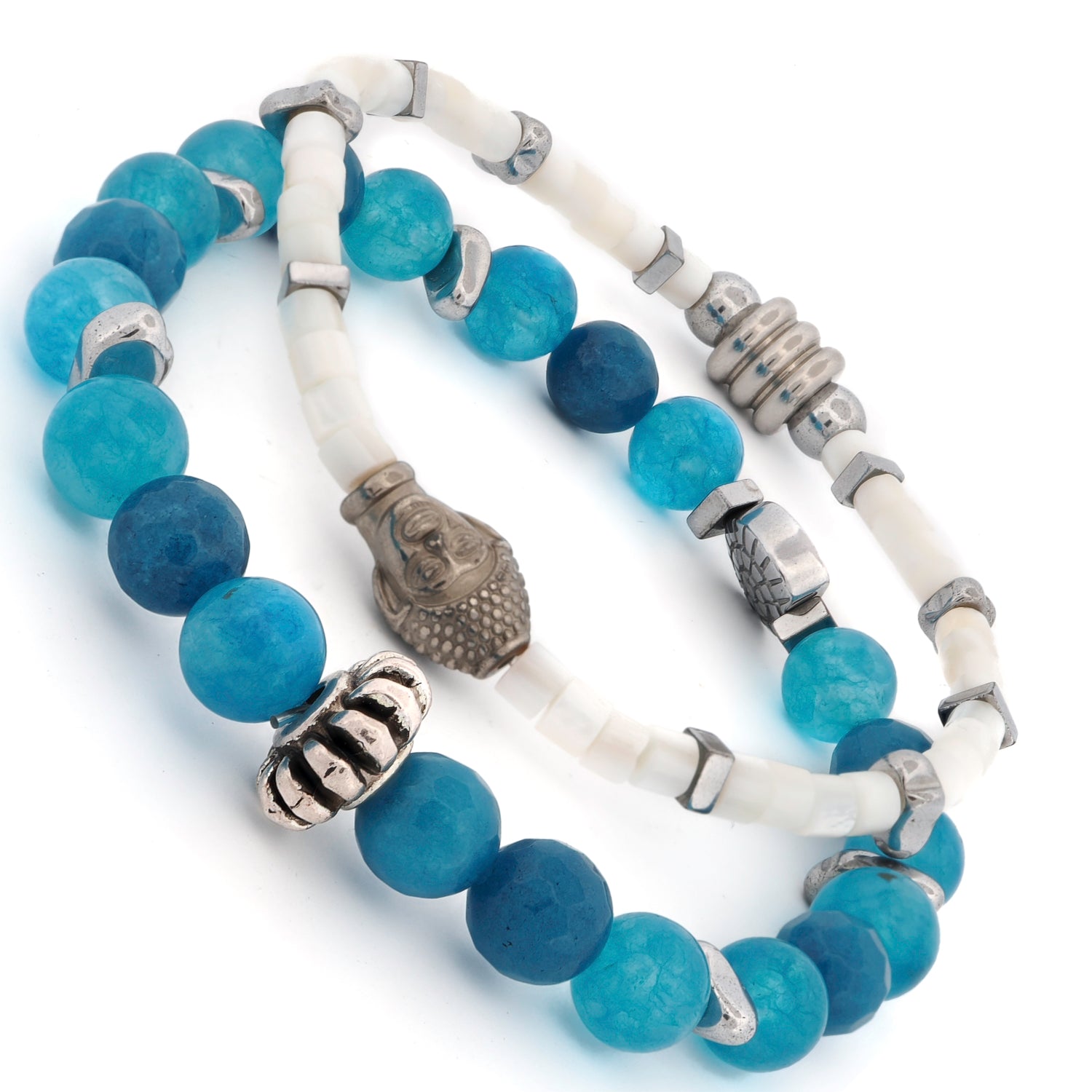 Ocean Zen bracelet stack with silver hematite accents, seashell, and Buddha charm details.