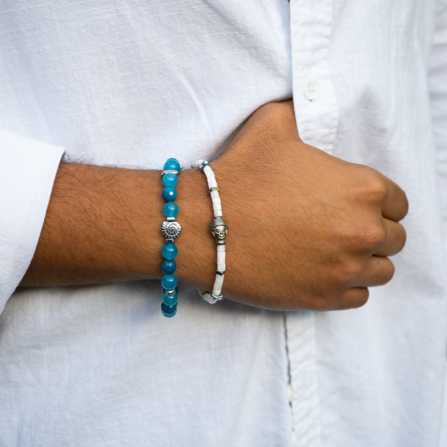 Tranquil men’s bracelet set featuring jade stones, freshwater pearls, and mindful symbolism.