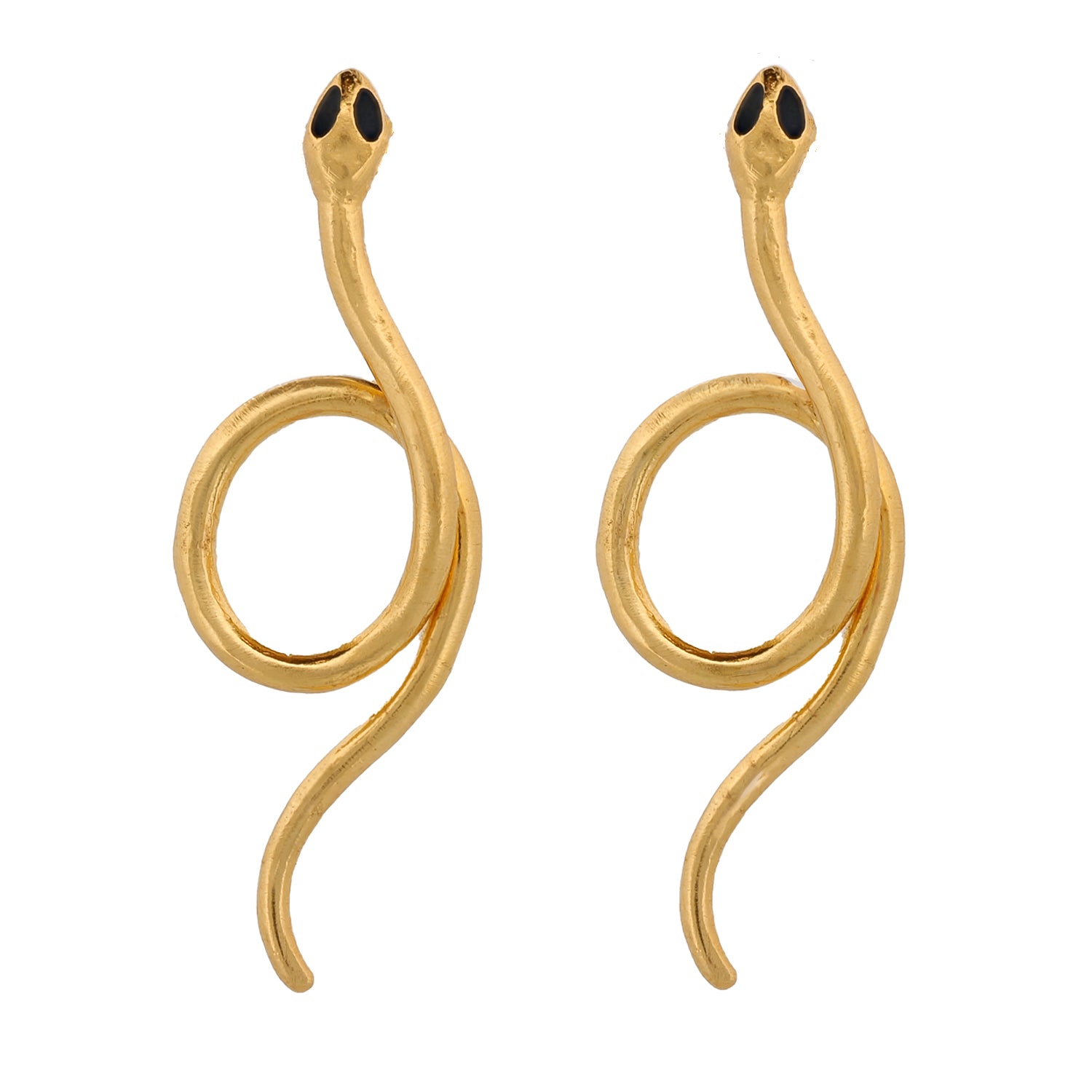 Sleek and symbolic snake earrings with bold onyx eyes, plated with 24K gold for an elegant finish.