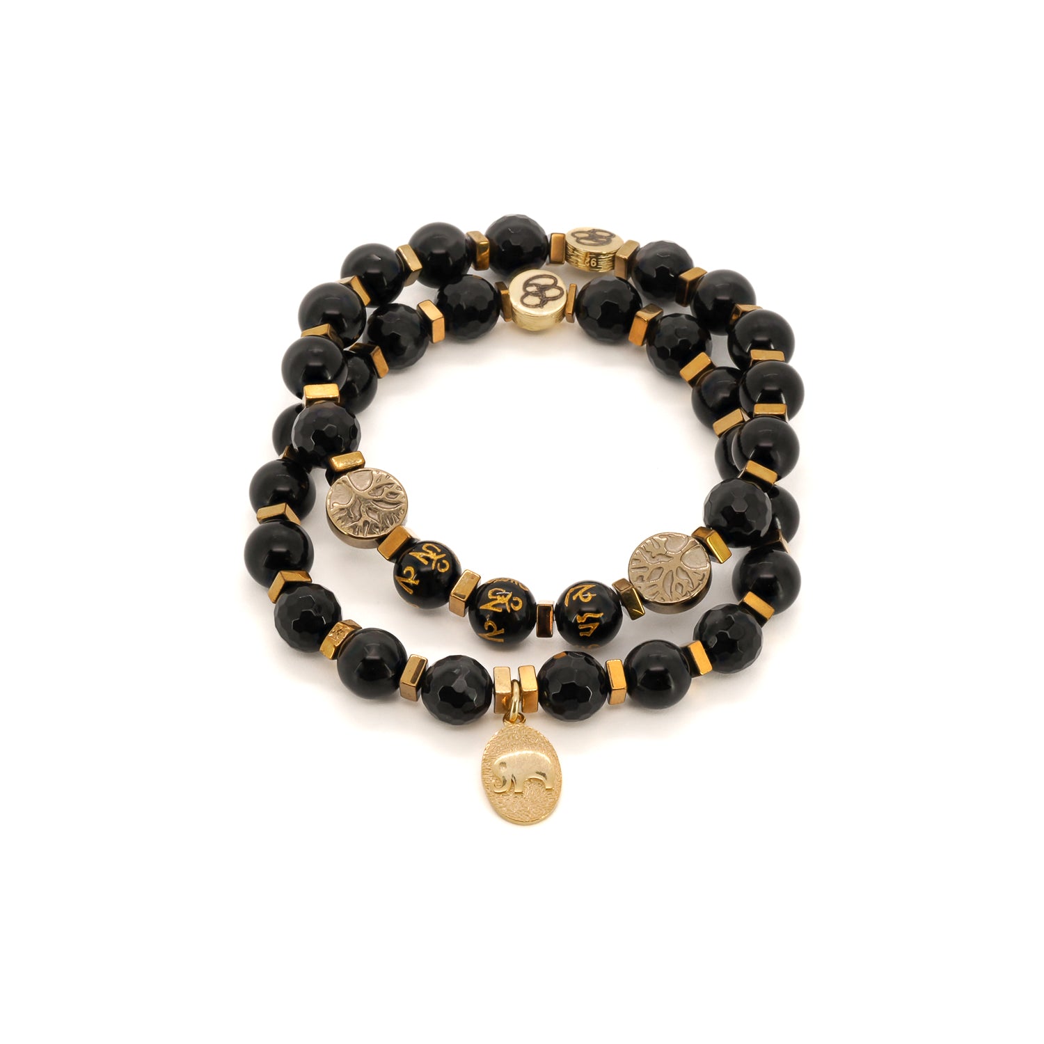 The Black Onyx Gold Elephant Yoga Journey Bracelet Set is a beautiful and unique collection of handmade jewelry designed to support mindfulness and spiritual growth.