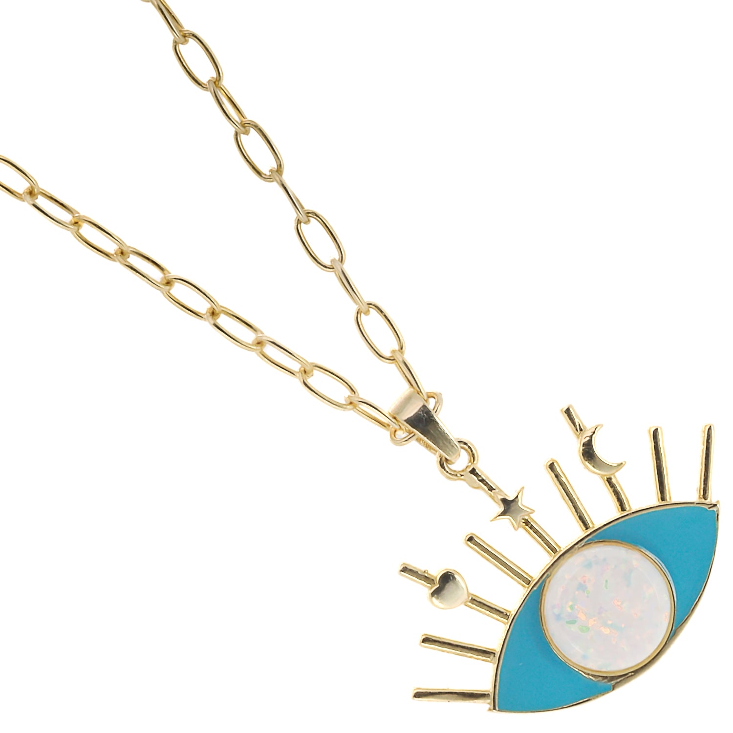 The striking contrast between the turquoise enamel and white opal on the Evil Eye pendant.