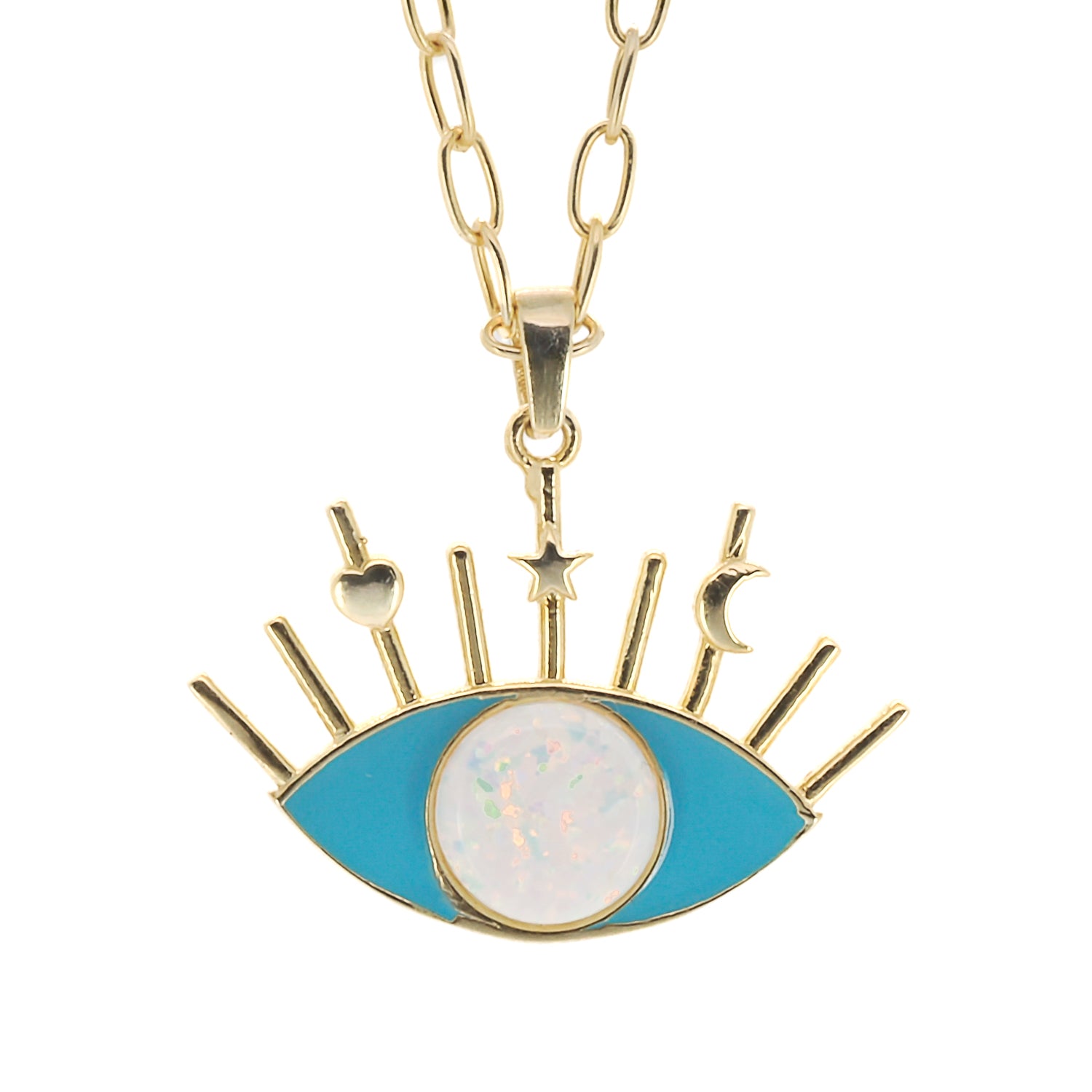 A close-up of the captivating combination of turquoise enamel and white opal on the Evil Eye pendant.