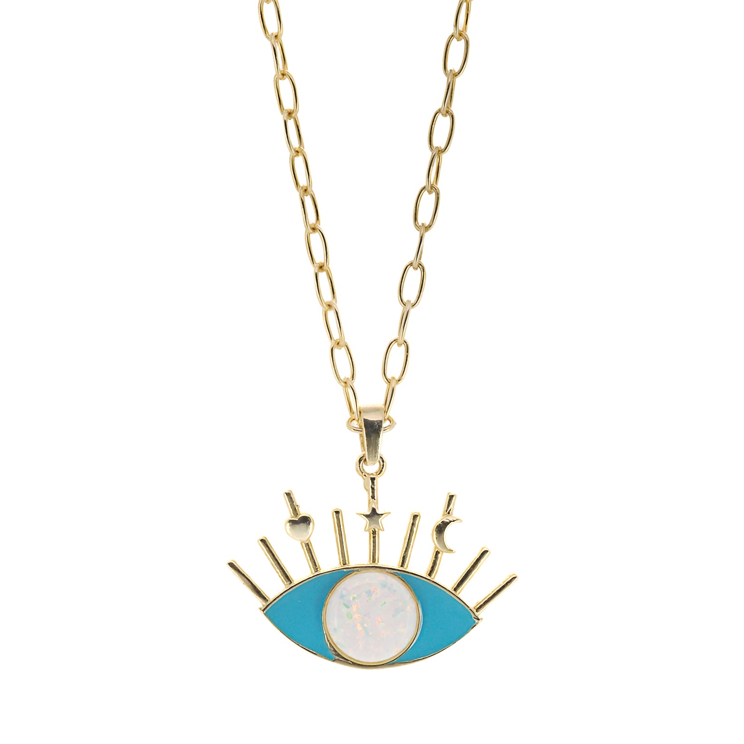 The Opal Turquoise Evil Eye Necklace, a stunning blend of elegance and spiritual symbolism.