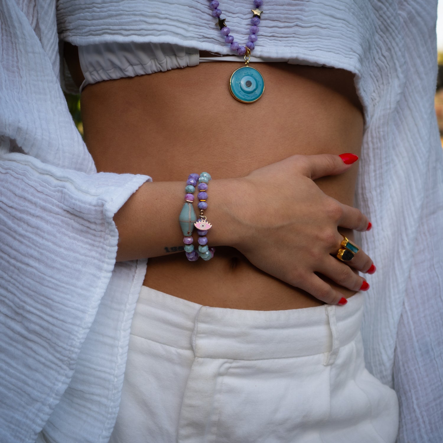 Pastel Colors Beaded Evil Eye Pendant Spring Bracelet Set