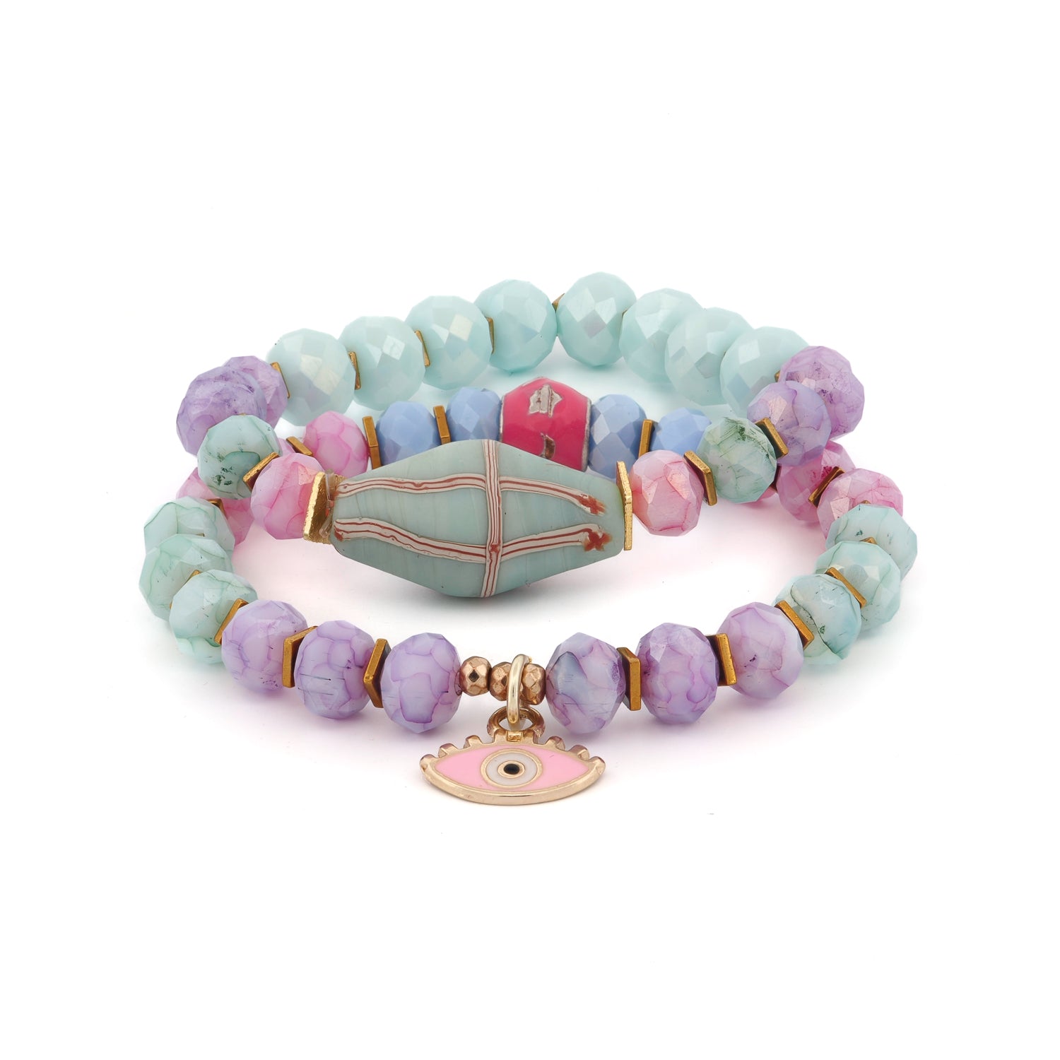 Pastel Colors Beaded Evil Eye Pendant Spring Bracelet Set