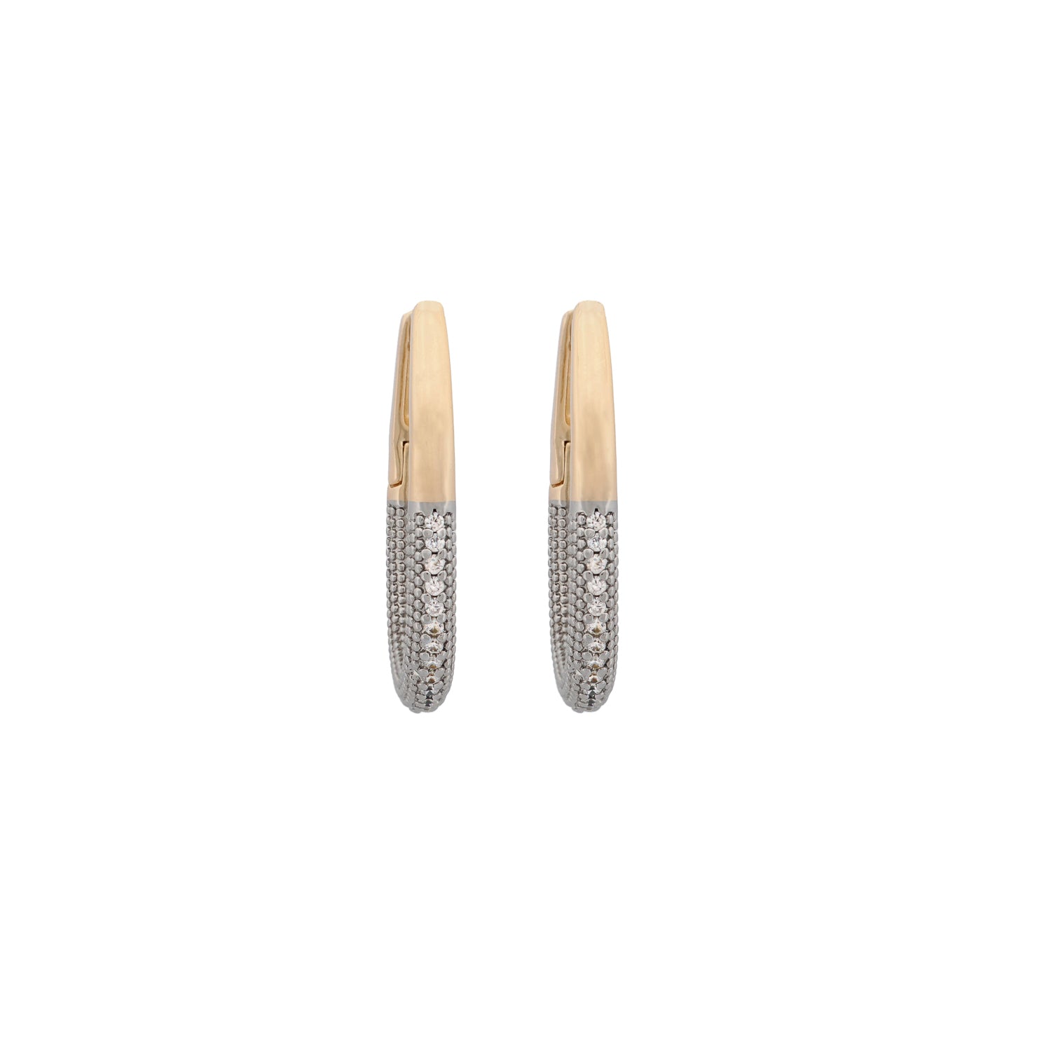 Stylish gold hoop earrings with a mid-size silhouette, 18K gold plating, and shimmering CZ diamonds.