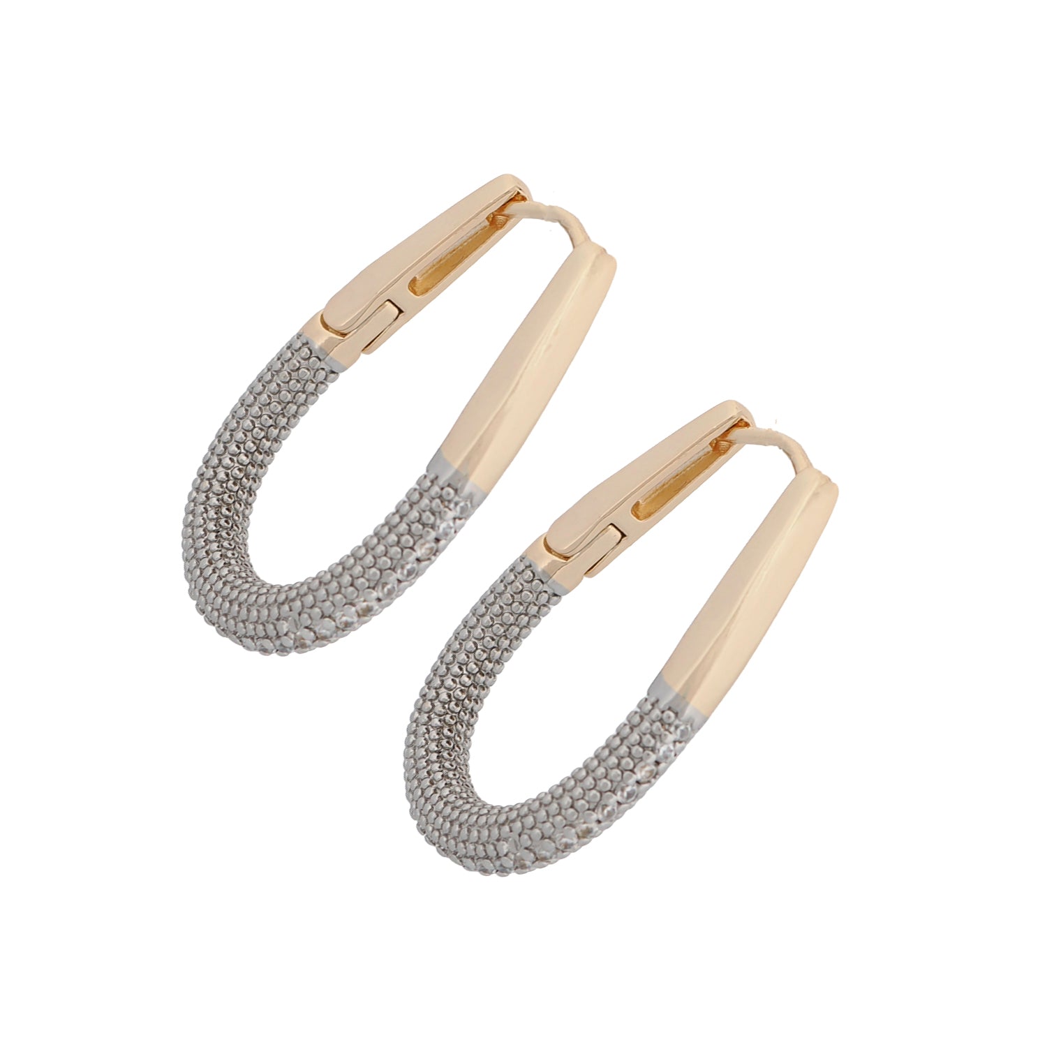 Modern mid-size gold hoop earrings adorned with pave CZ diamonds and a sleek 18K gold finish.
