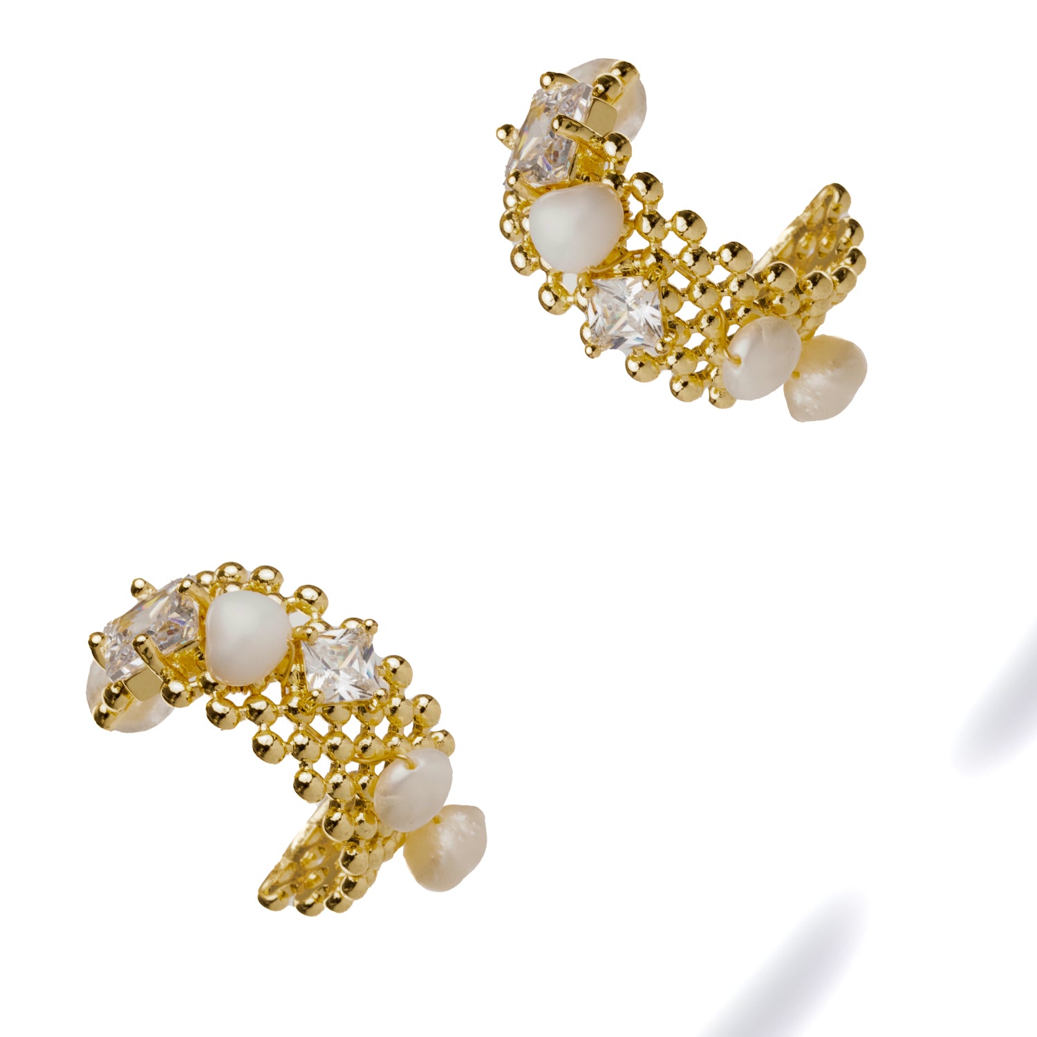 Handmade 24K Gold Filigree Hoop Earrings with Shimmering Diamonds and Elegant Pearls