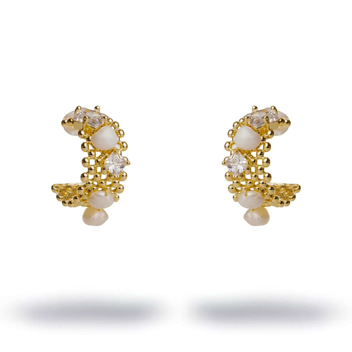 Filigree Design 24K Gold-Plated Hoop Earrings with Diamonds and Pearls for Timeless Elegance
