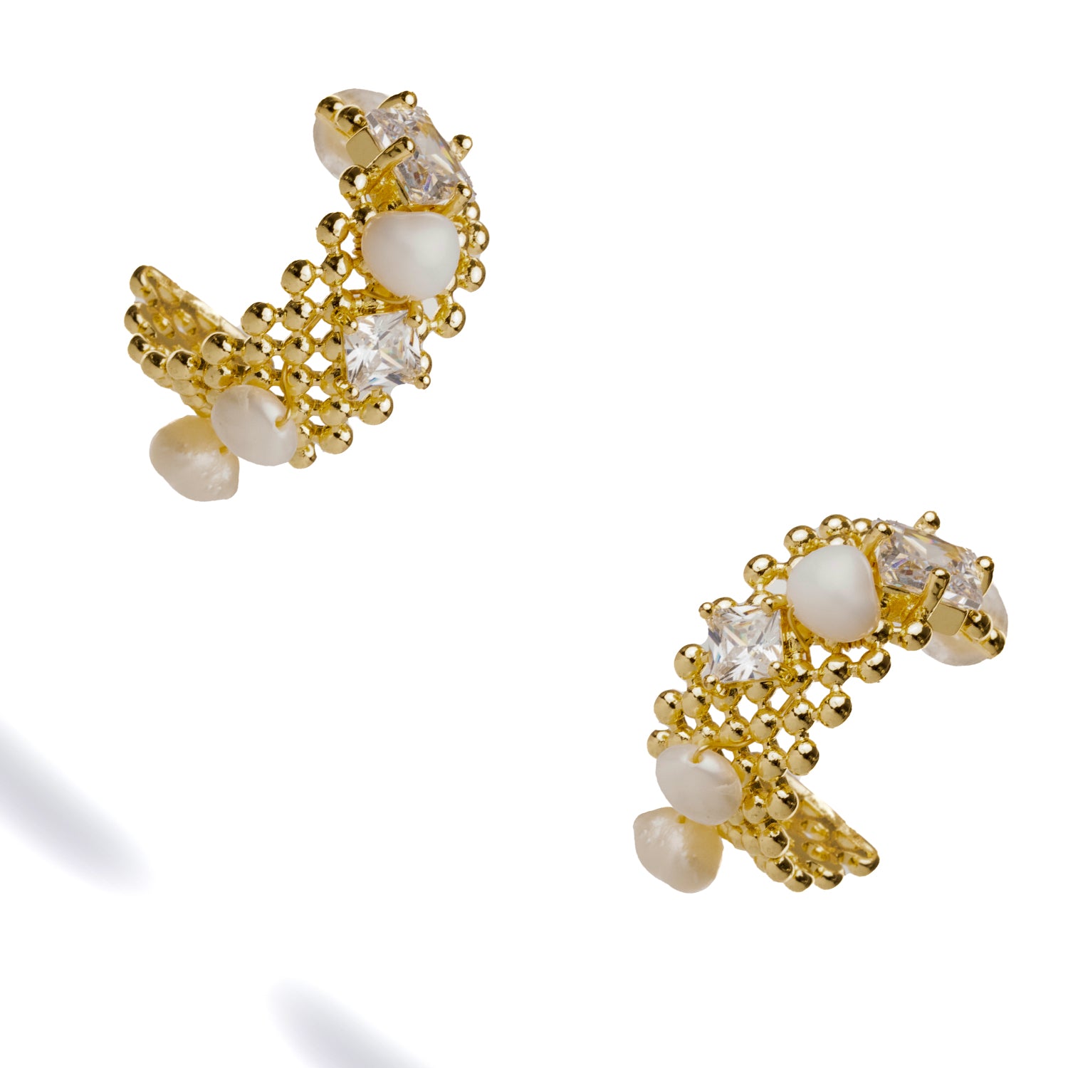 Gold Filigree Hoop Earrings with Shimmering Diamonds and Pearls for Special Occasions
