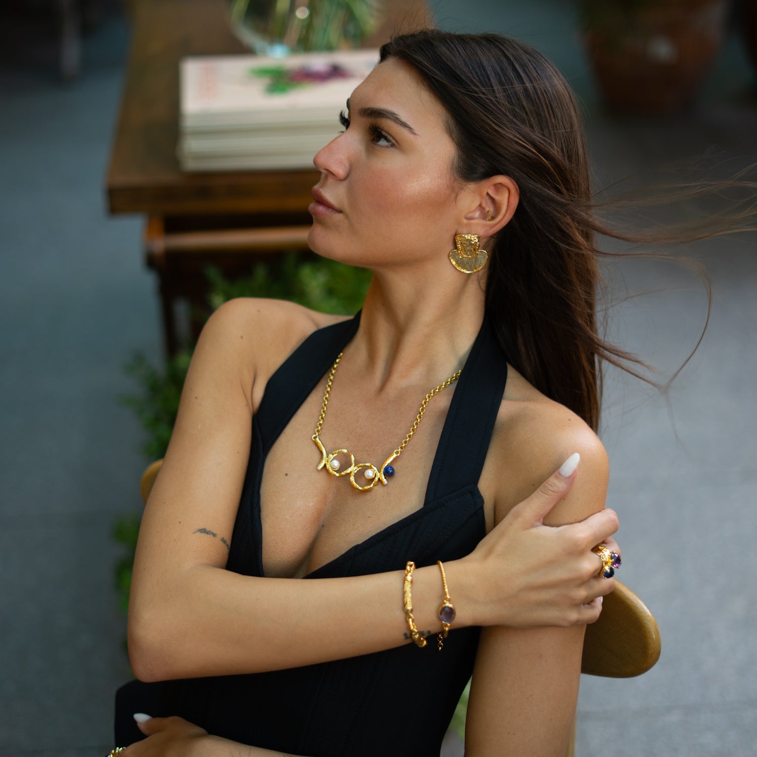 Pearl Eclipse Lapis Gold Necklace