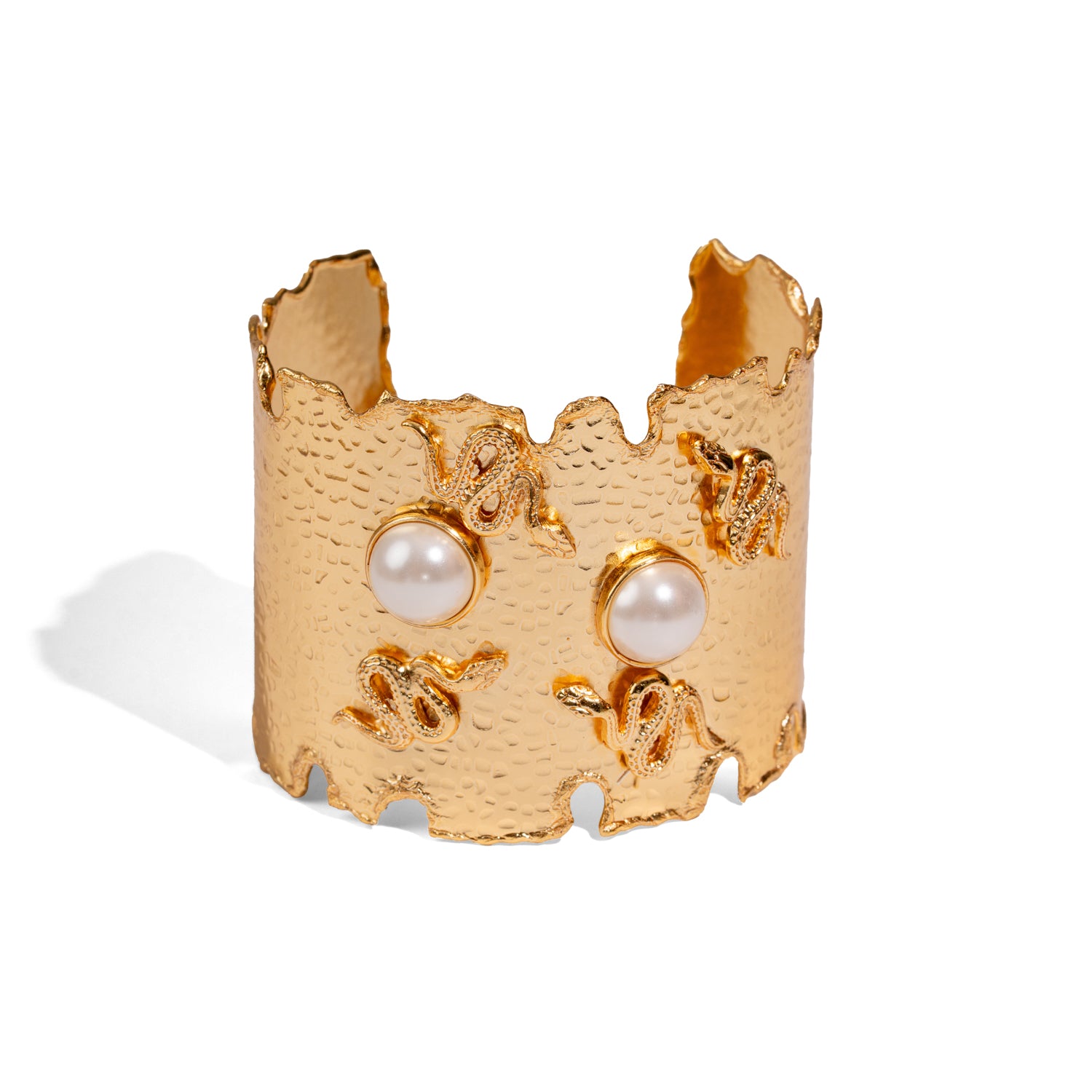 Pearl Serpent Power Chunky Gold Cuff Bracelet