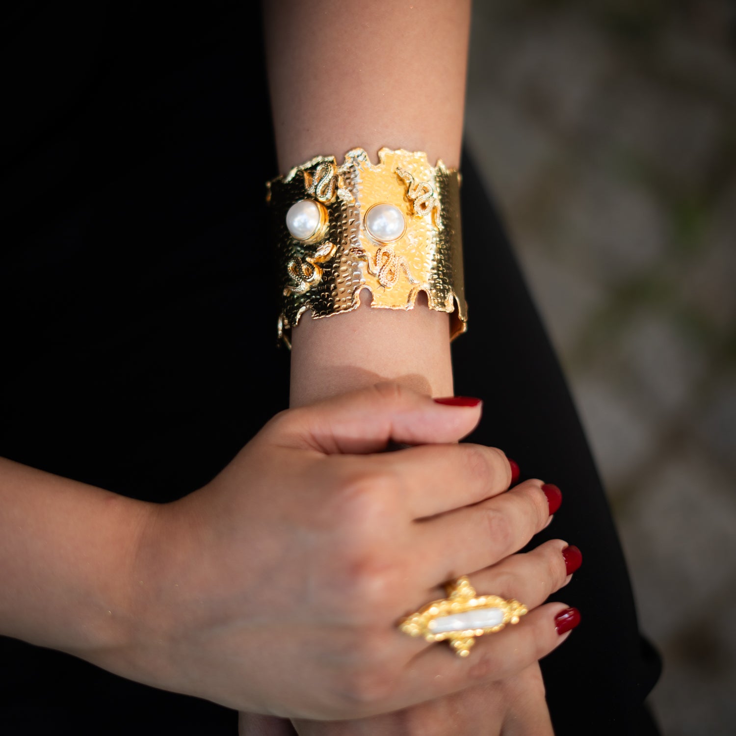 Pearl Serpent Power Chunky Gold Cuff Bracelet