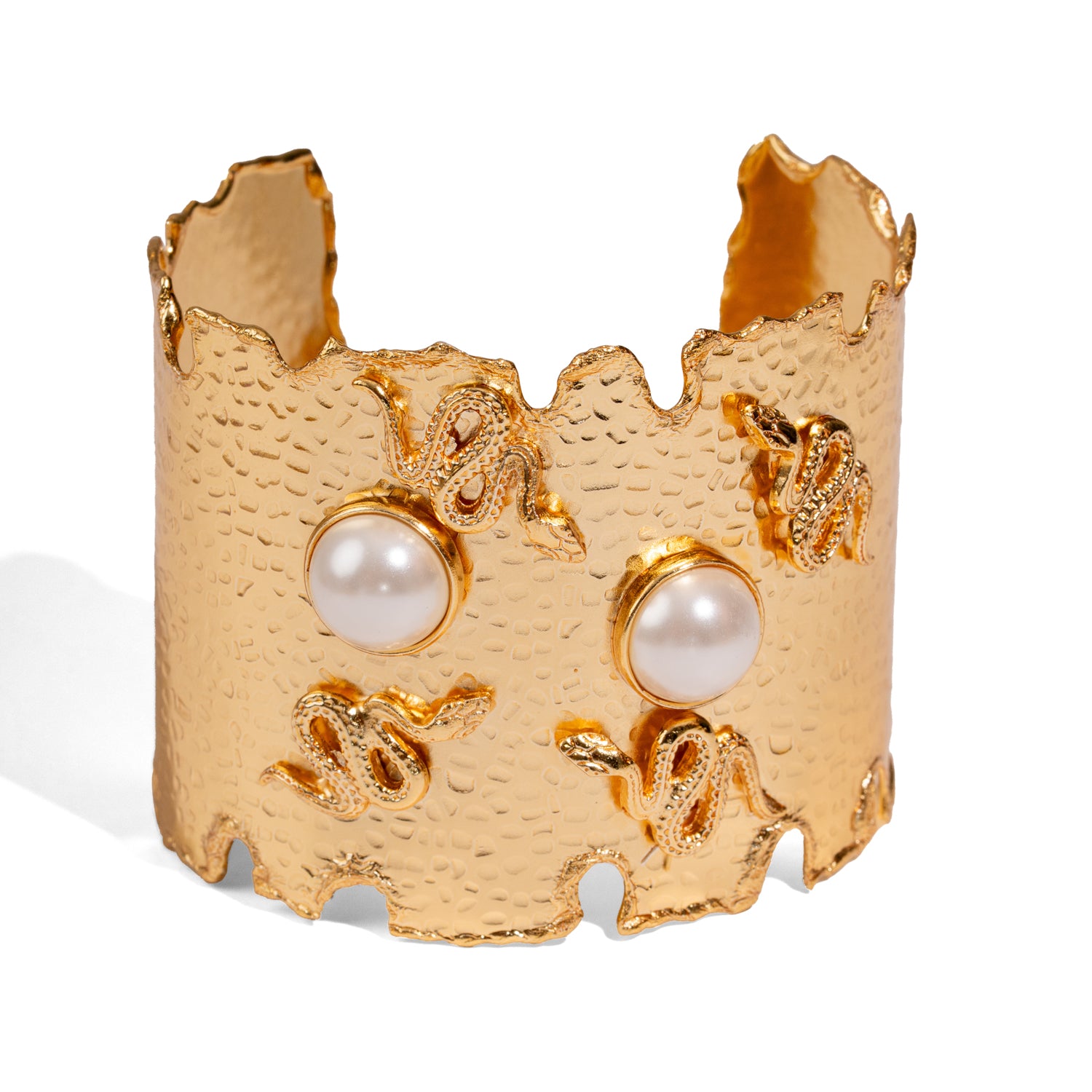 Pearl Serpent Power Chunky Gold Cuff Bracelet