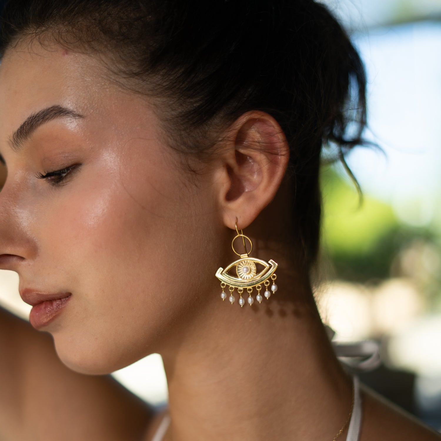Pearl Vision Evil Eye Gold Dangle Earrings