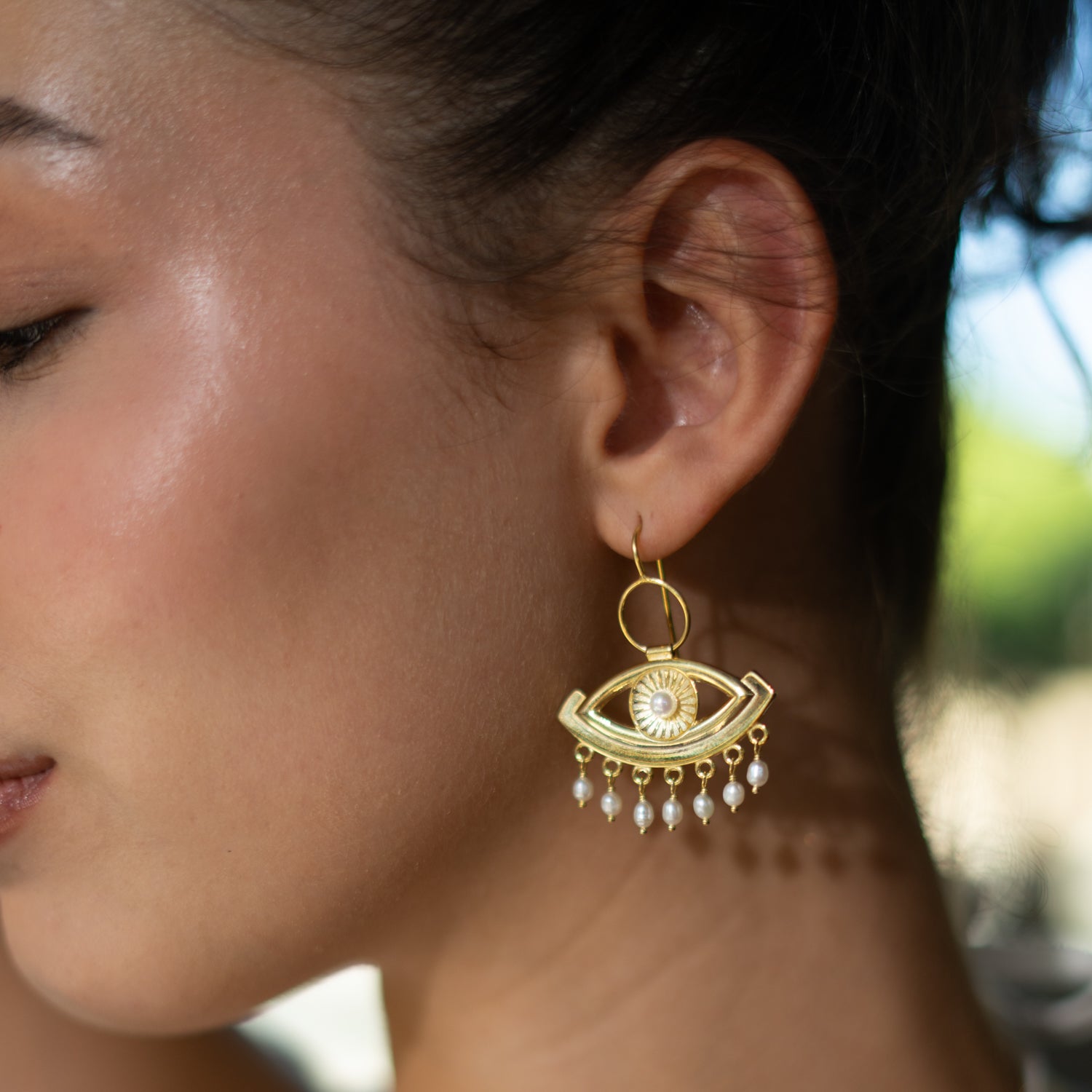 Pearl Vision Evil Eye Gold Dangle Earrings