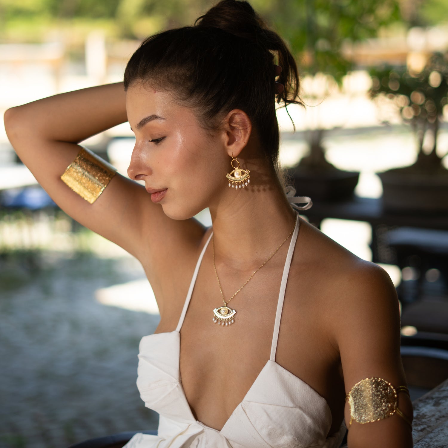 Pearl Vision Evil Eye Gold Dangle Earrings