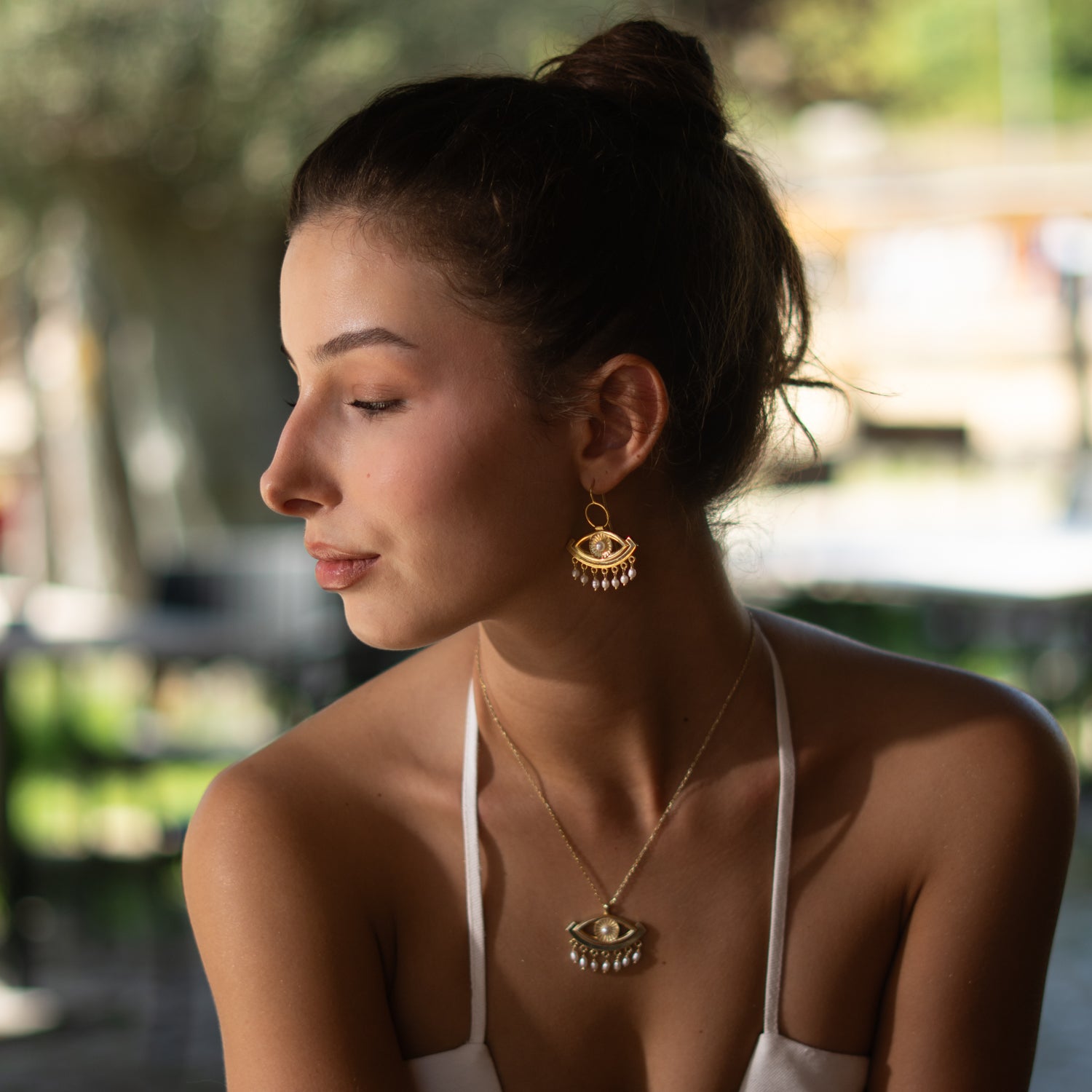 Pearl Vision Evil Eye Gold Dangle Earrings