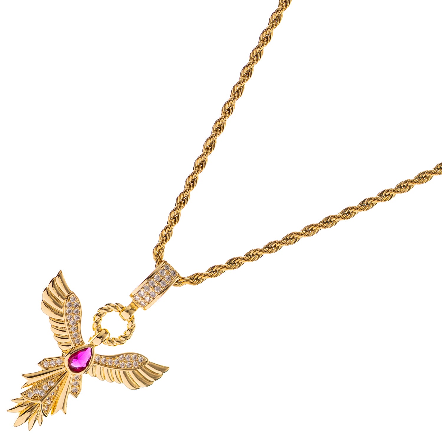 Handcrafted phoenix necklace with ruby and gold plating
