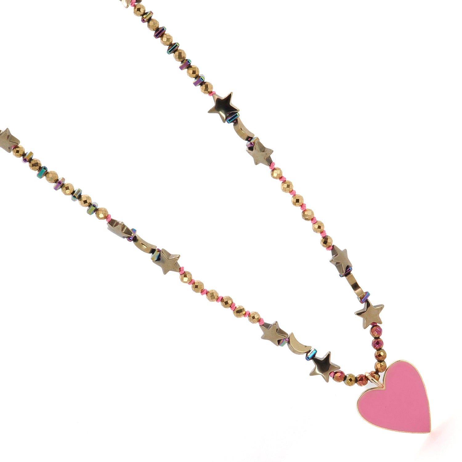 Pink Heart Pendant Necklace with celestial hematite beads and an 18K gold-plated design for positive energy.