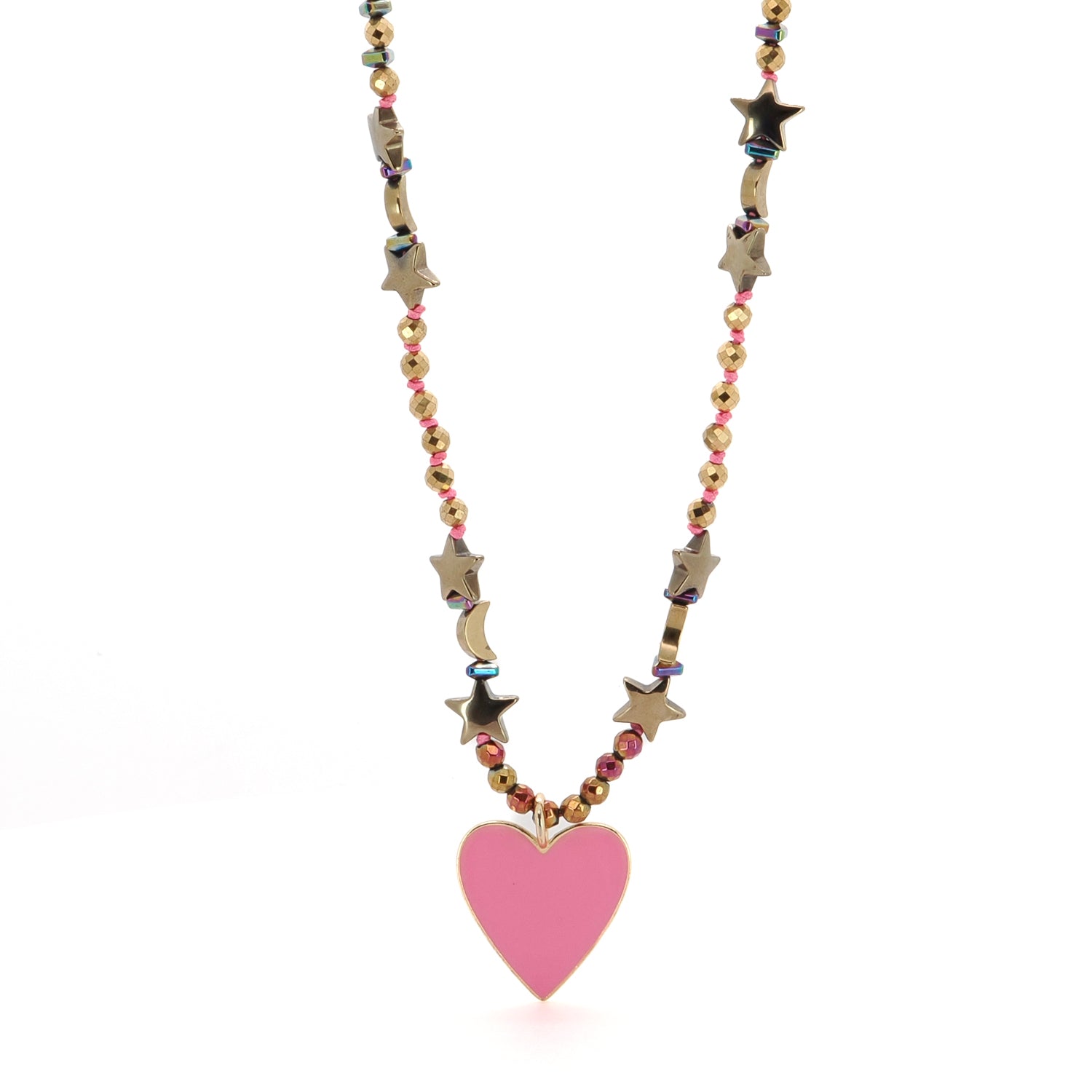 Chic Pink Heart Pendant Necklace with celestial-themed gold hematite beads and a purple enamel Evil Eye charm.
