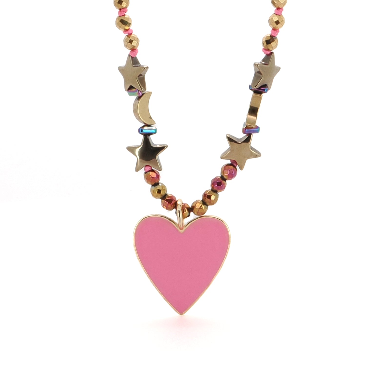 Pink Heart Pendant Gold Heart & Star and Moon Beaded Necklace featuring multicolor hematite and an 18K gold-plated heart pendant.