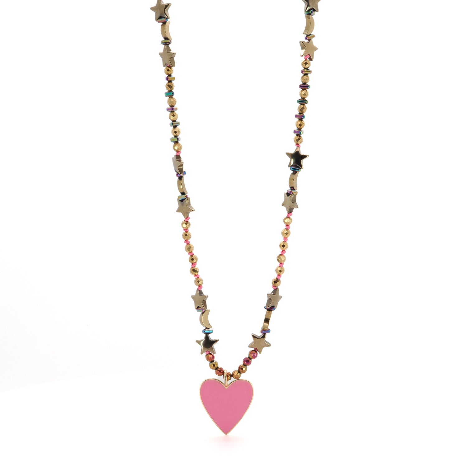 Elegant and protective beaded necklace featuring gold celestial beads, a pink heart pendant, and an Evil Eye charm.