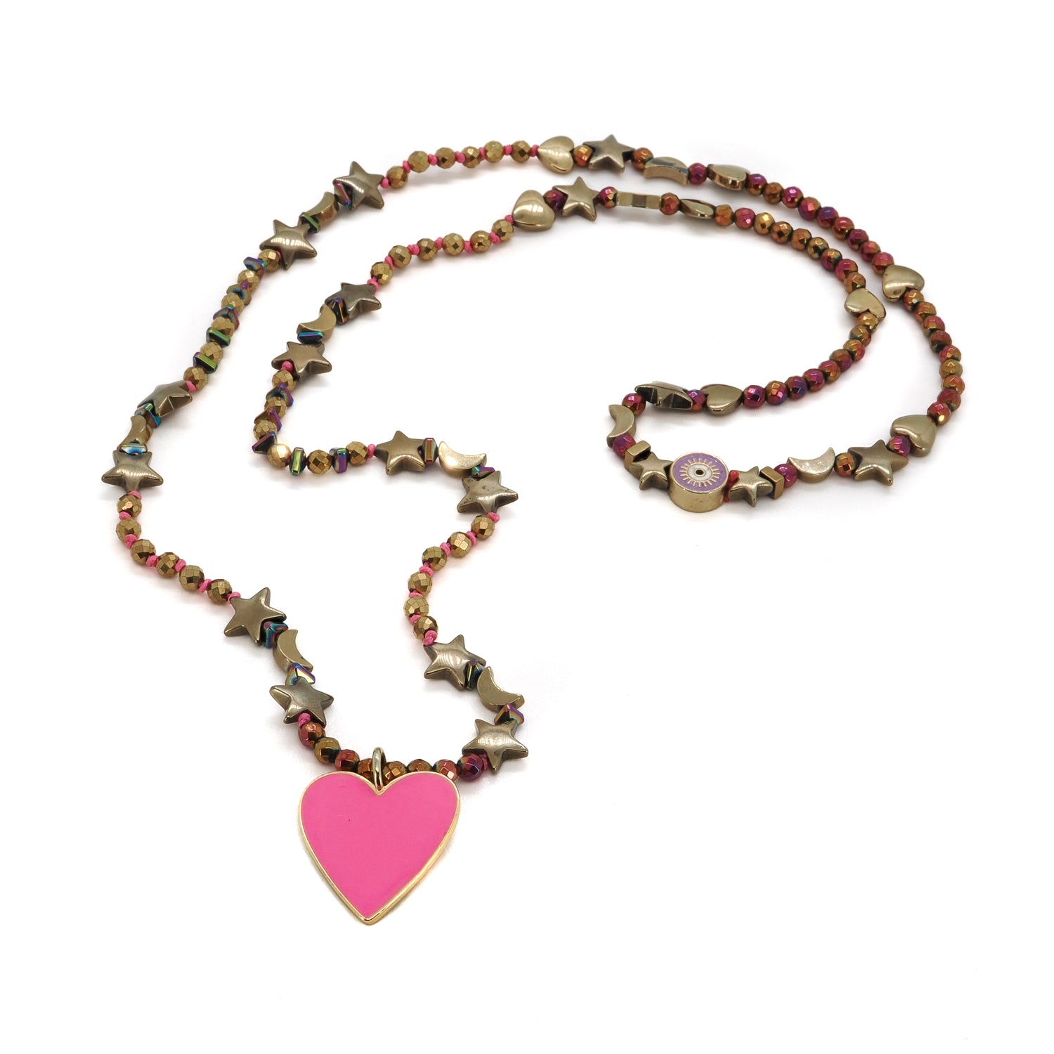 Vibrant beaded necklace featuring gold hematite heart, star, and moon beads with an 18K gold-plated pink heart pendant.