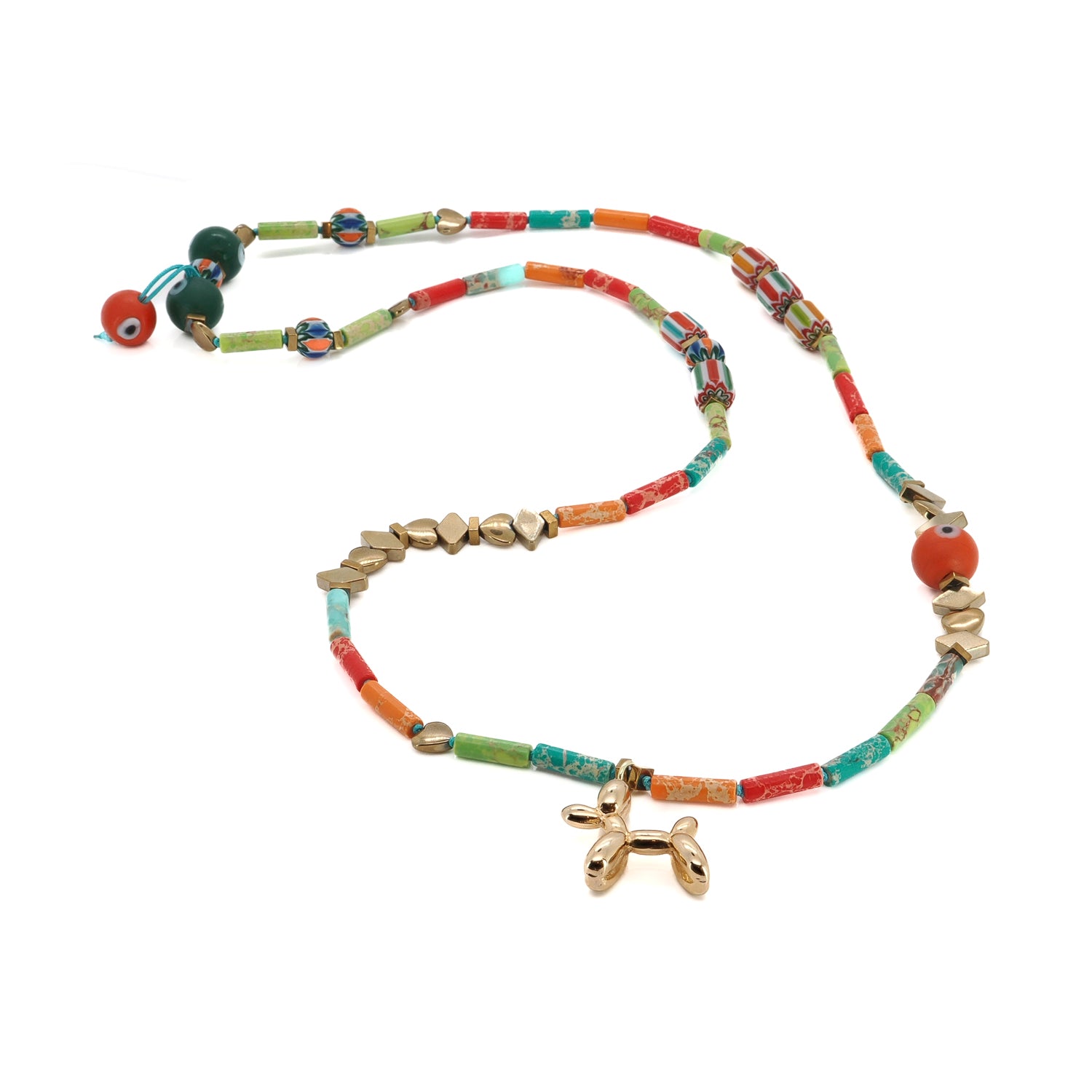 Statement necklace featuring colorful Jasper, a whimsical Balloon Dog pendant, and protective Evil Eye bead.