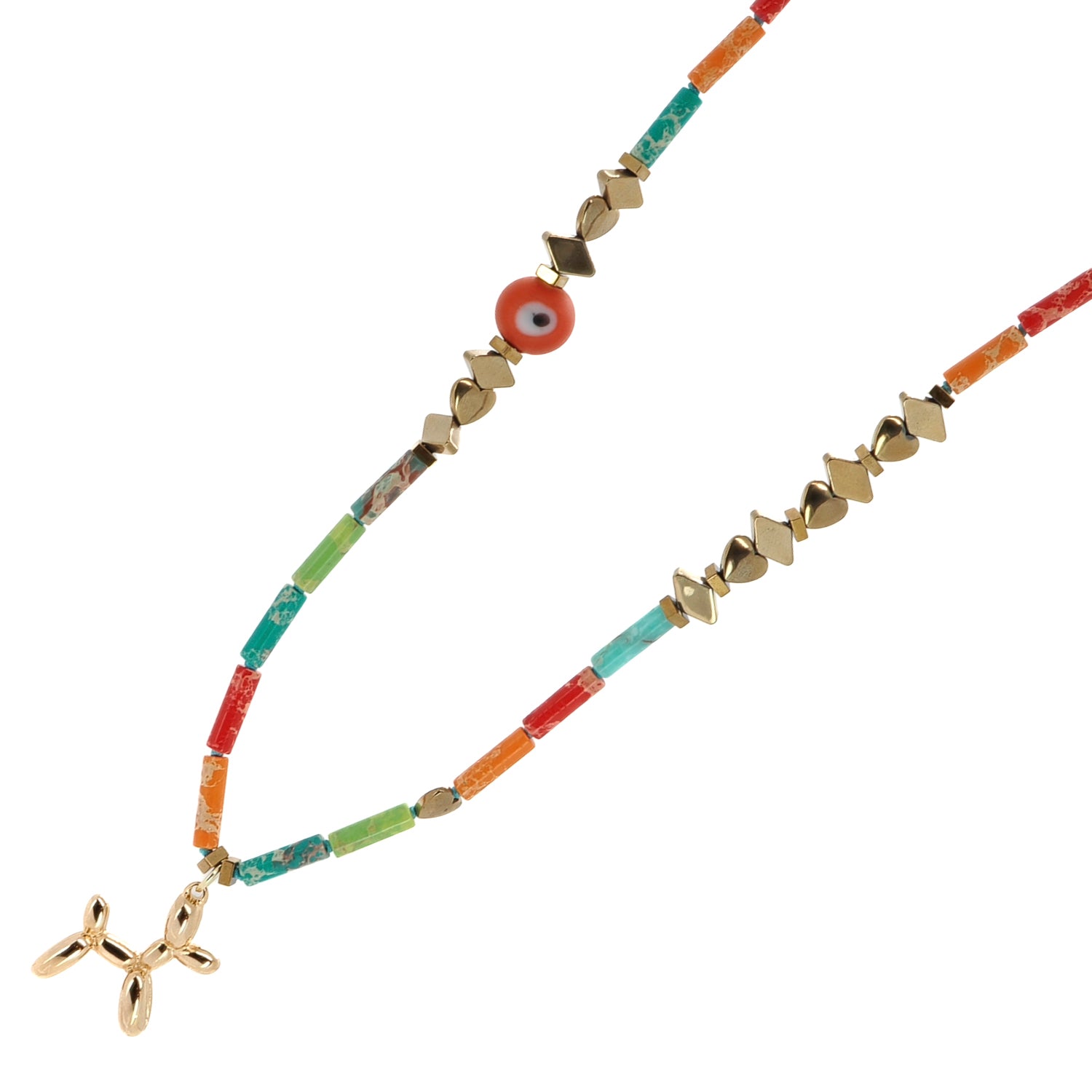 Vibrant Balloon Dog necklace with tube-shaped Jasper stones, an Evil Eye bead, and gold-plated accents.