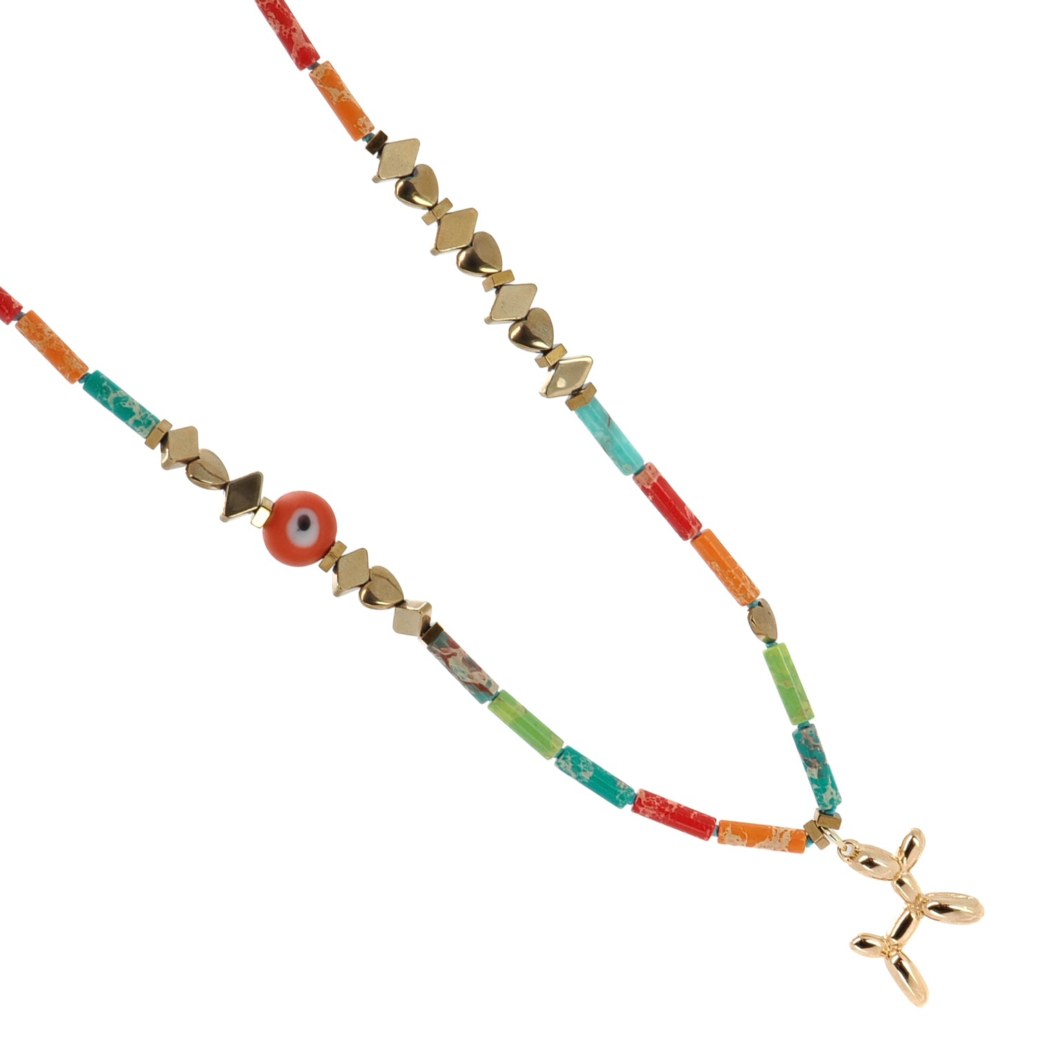 Fun and stylish necklace featuring a playful Balloon Dog pendant, colorful Jasper, and protective elements.