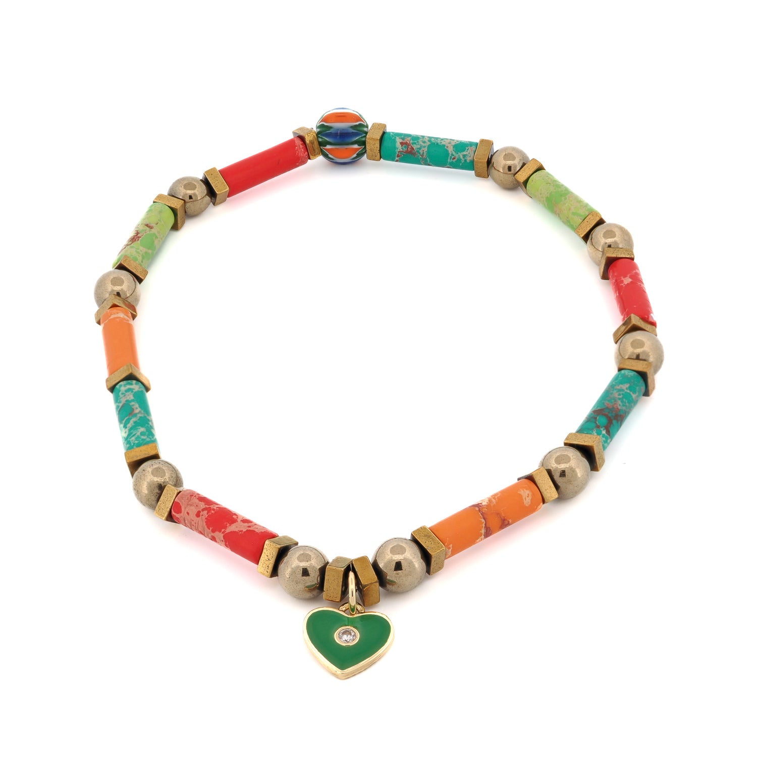 Colorful jasper beaded anklet with green enamel heart charm.